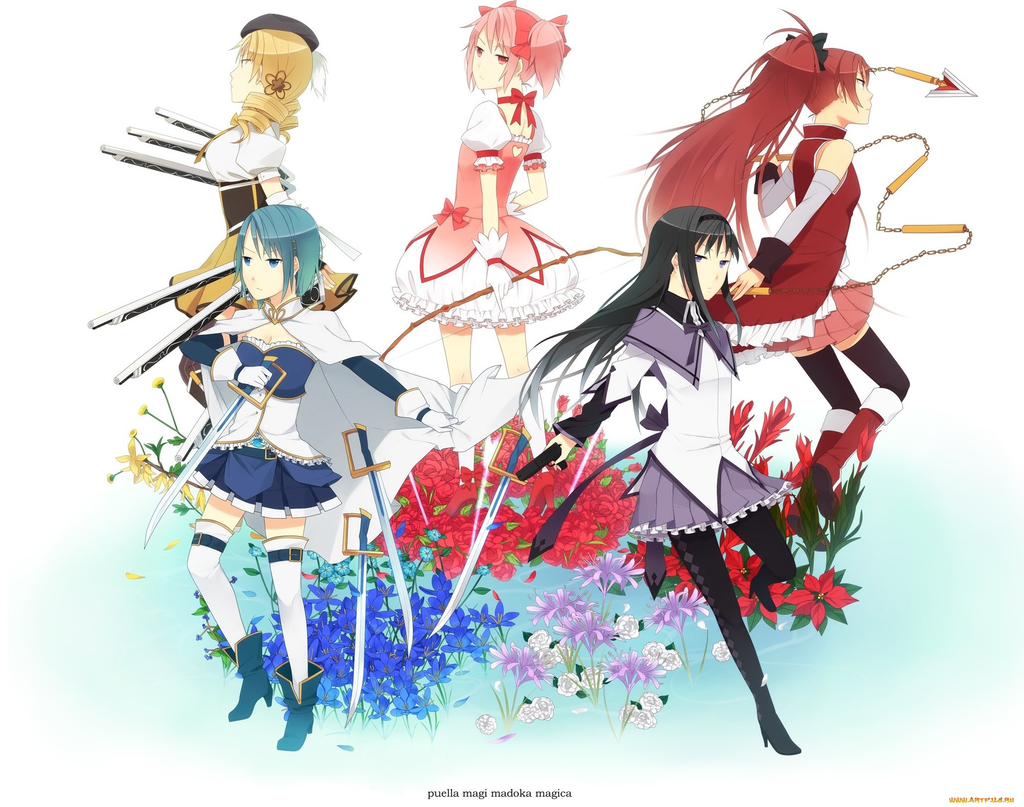 аниме, mahou, shoujo, madoka, magika, девушки, фон, взгляд