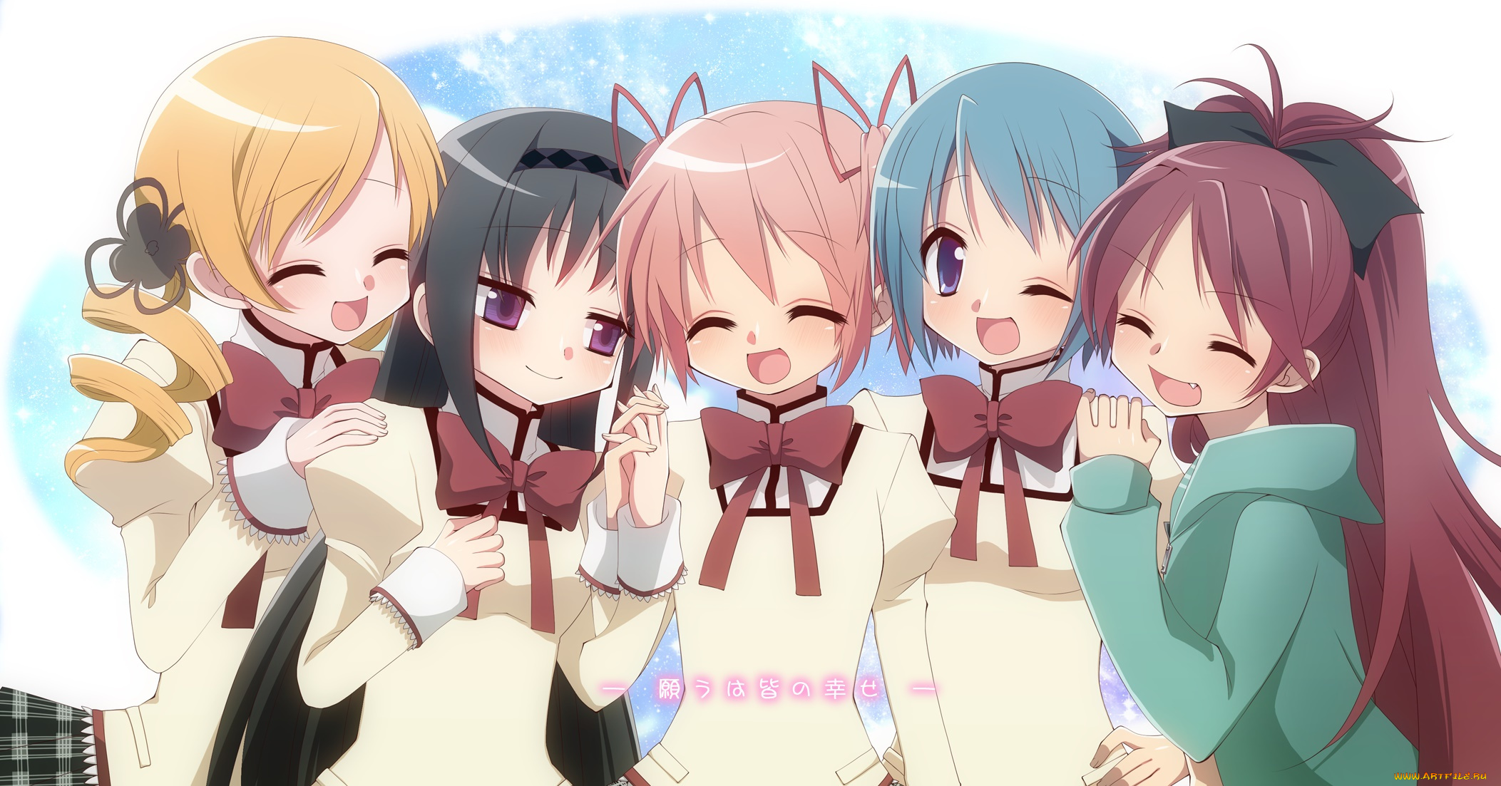 аниме, mahou, shoujo, madoka, magika, девушки, взгляд, фон