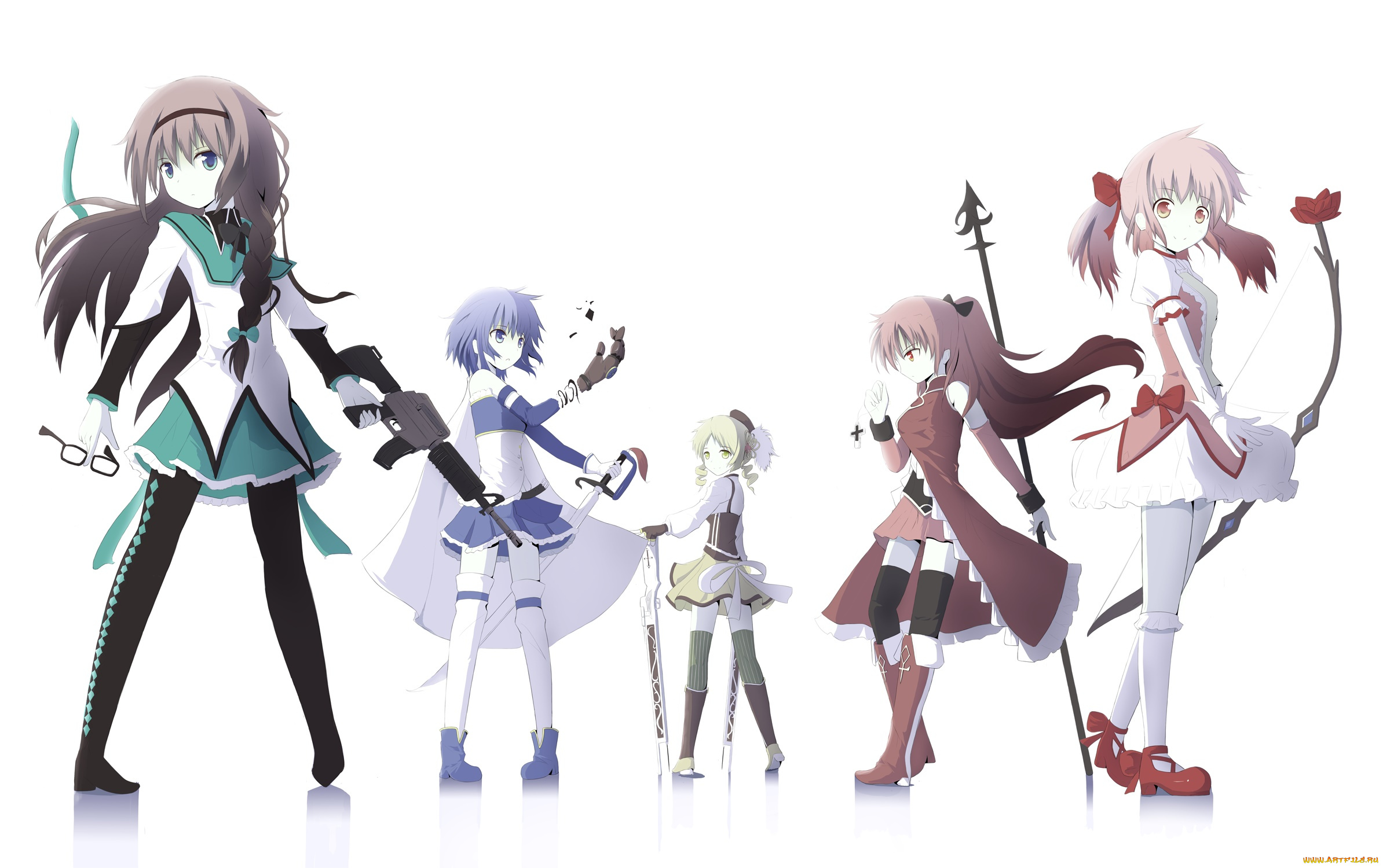 аниме, mahou, shoujo, madoka, magika, девушки, взгляд, фон