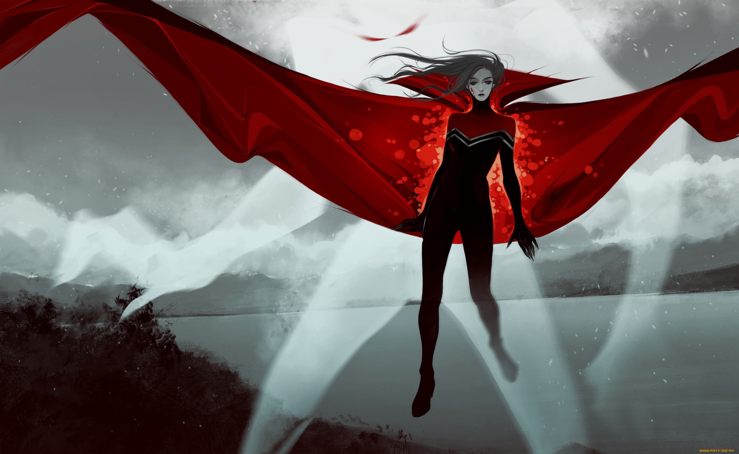 фэнтези, девушки, волосы, костюм, маг, красный, ветер, плащ, женщина