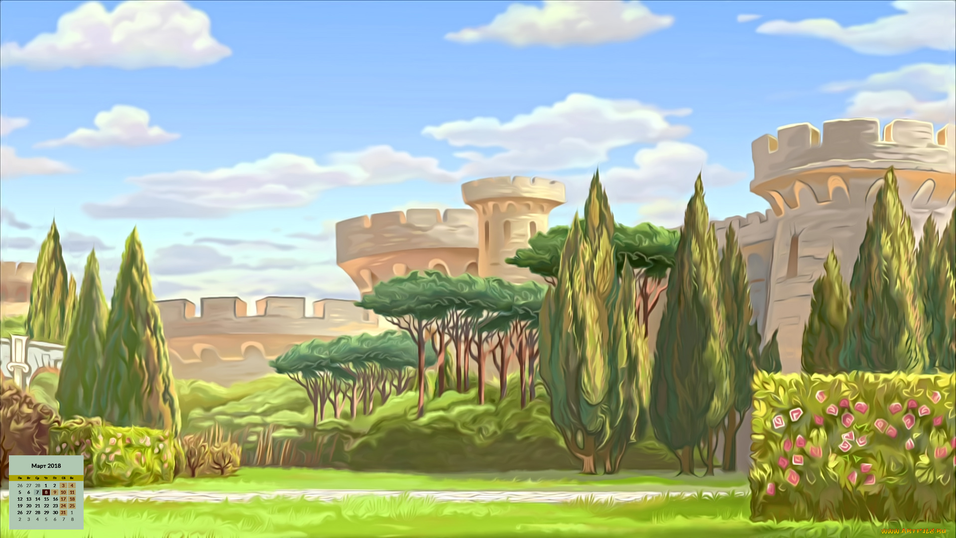 календари, рисованные, , векторная, графика, здание, 2018, растения, деревья