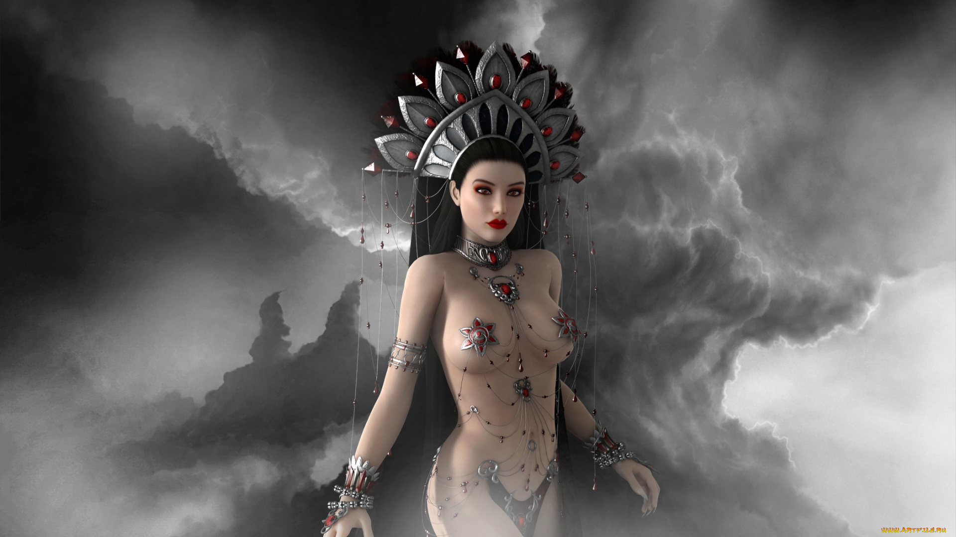 3д, графика, фантазия, , fantasy, фон, девушка, взгляд, кокошник