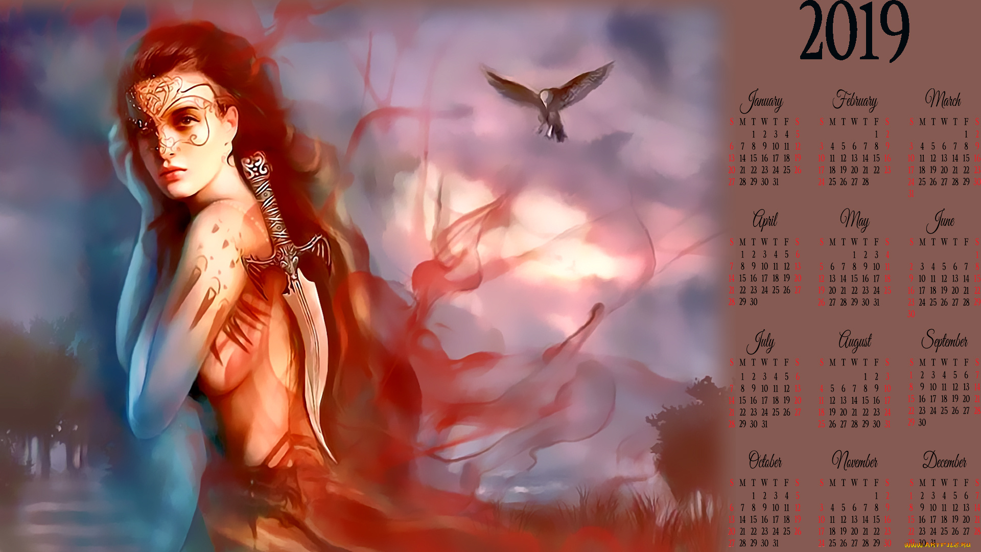 календари, фэнтези, птица, оружие, девушка