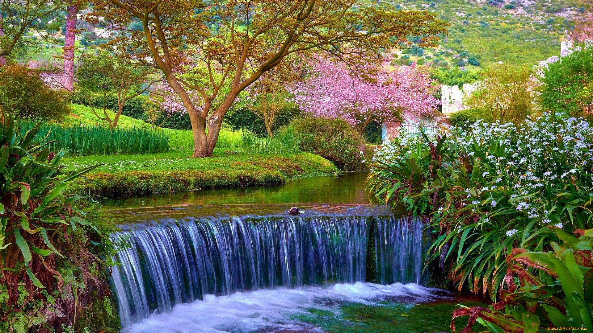 природа, парк, водопад, весна