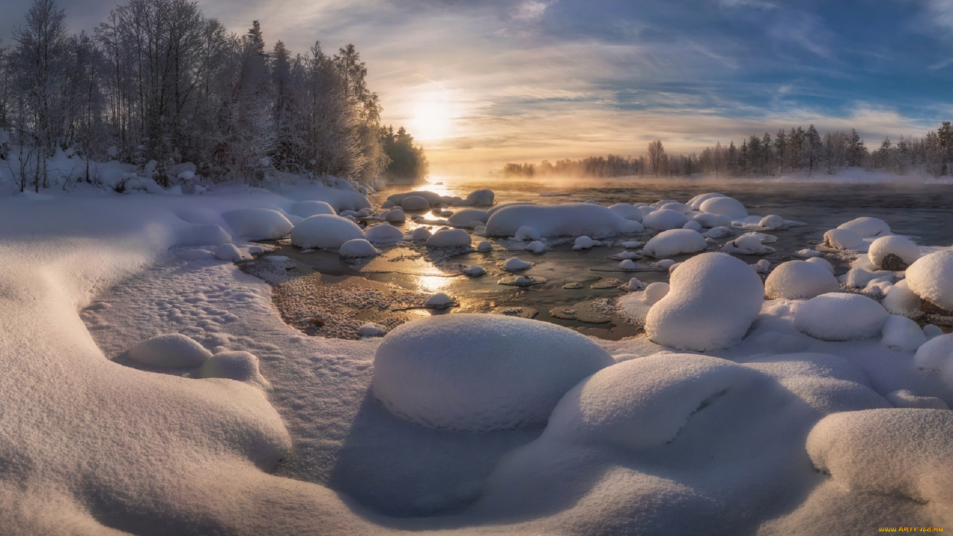 природа, реки, озера, пар, туман, закат, леса, деревья, сугробы, река, снег, зима, пейзаж