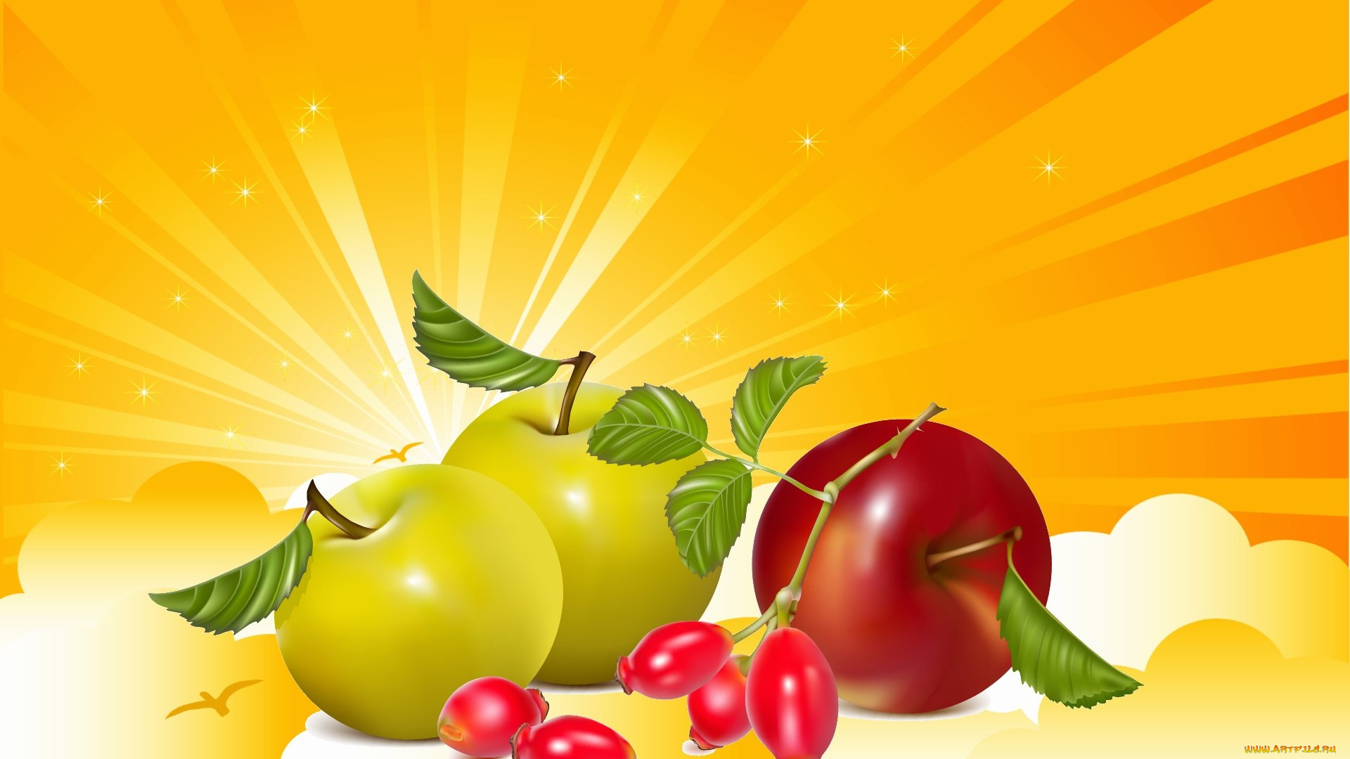 векторная, графика, еда, , food, зелёные, яблоки