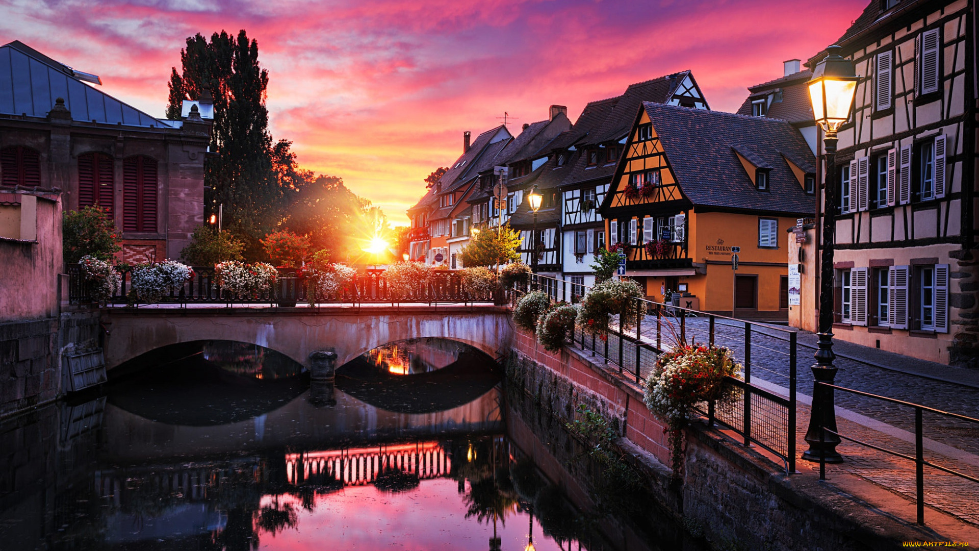 города, кольмар, , франция, закат, канал