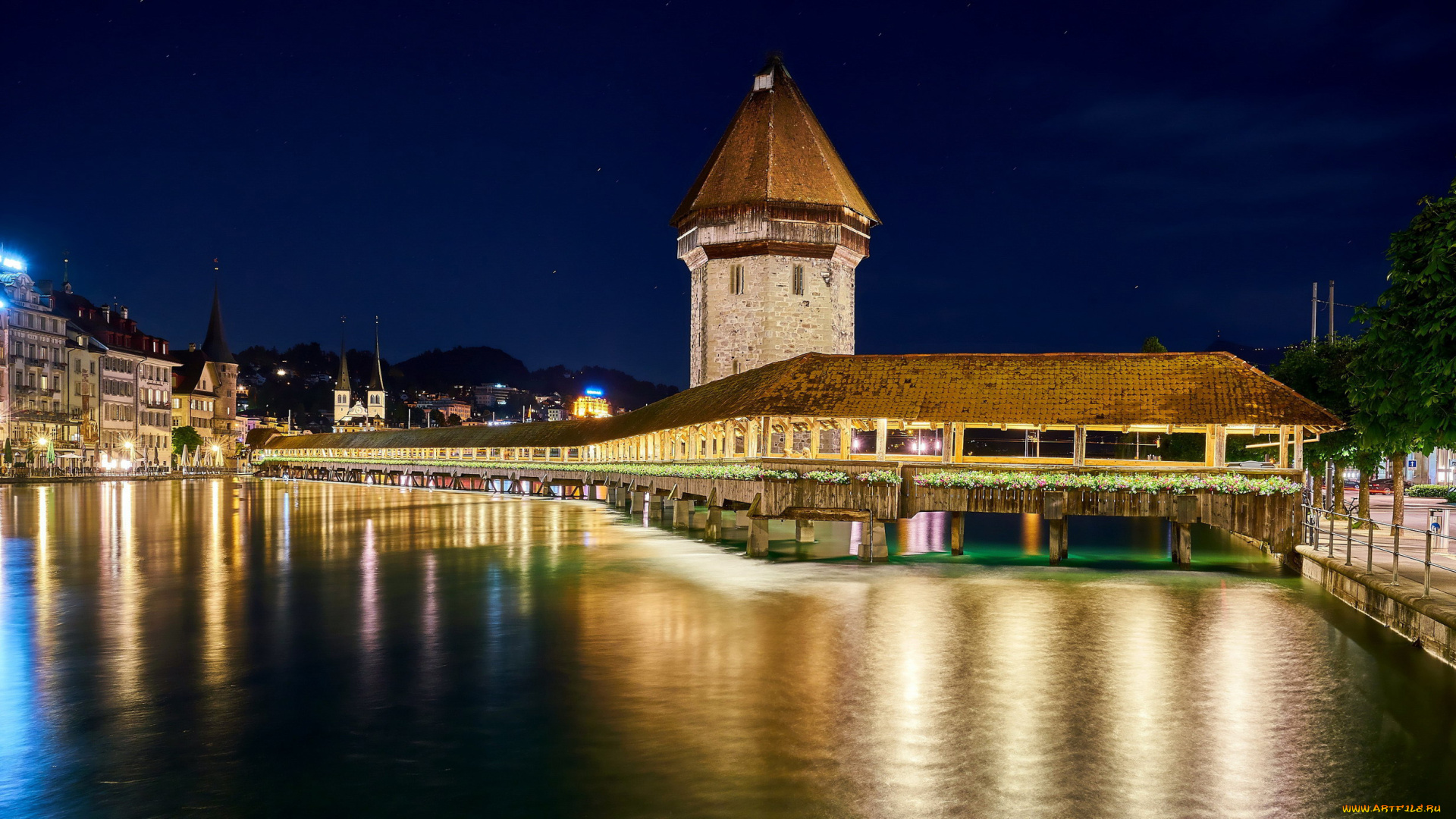 города, люцерн, , швейцария, вечер, мост, канал, огни