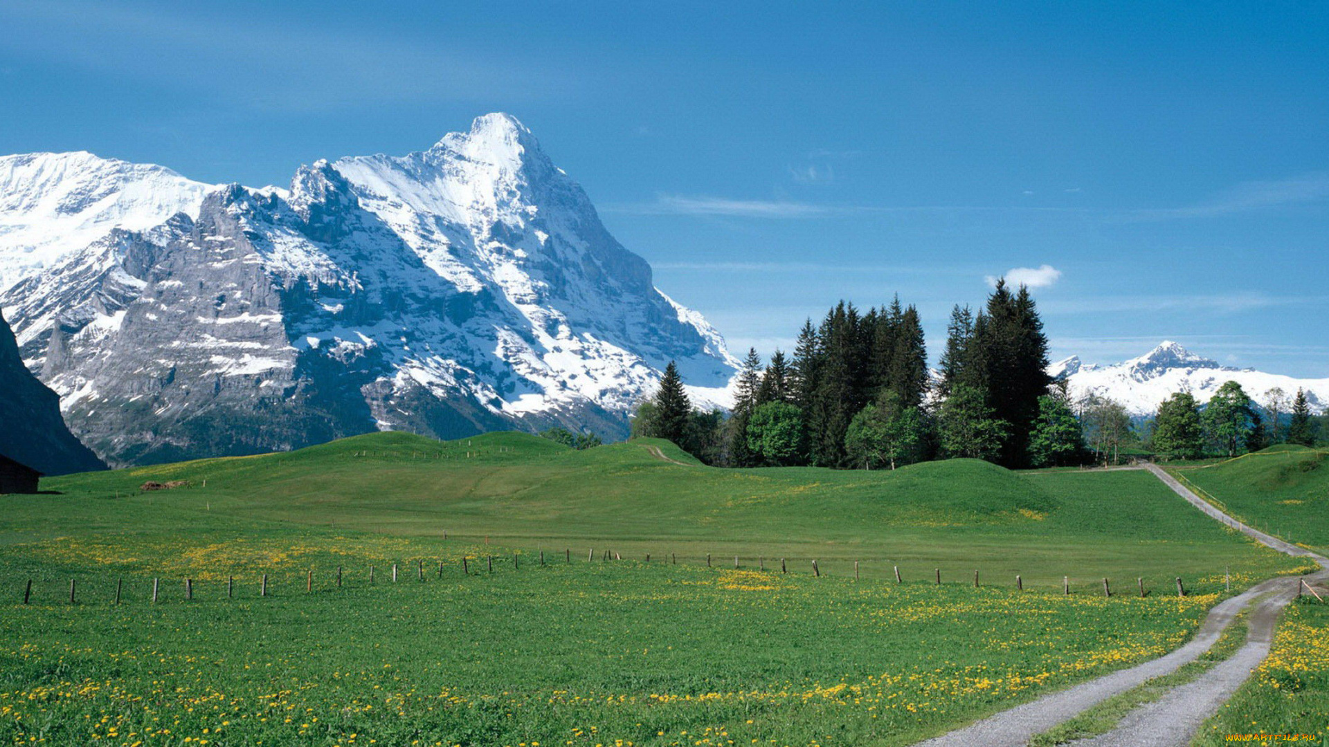 природа, луга, дорога, деревья, сараи, горы