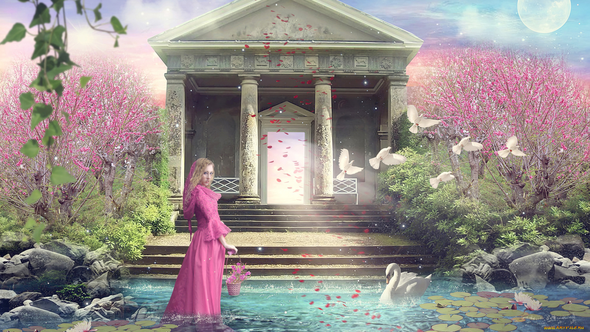 разное, компьютерный, дизайн, здание, колонны, лебеди, голуби, платье, взгляд, девушка, фон