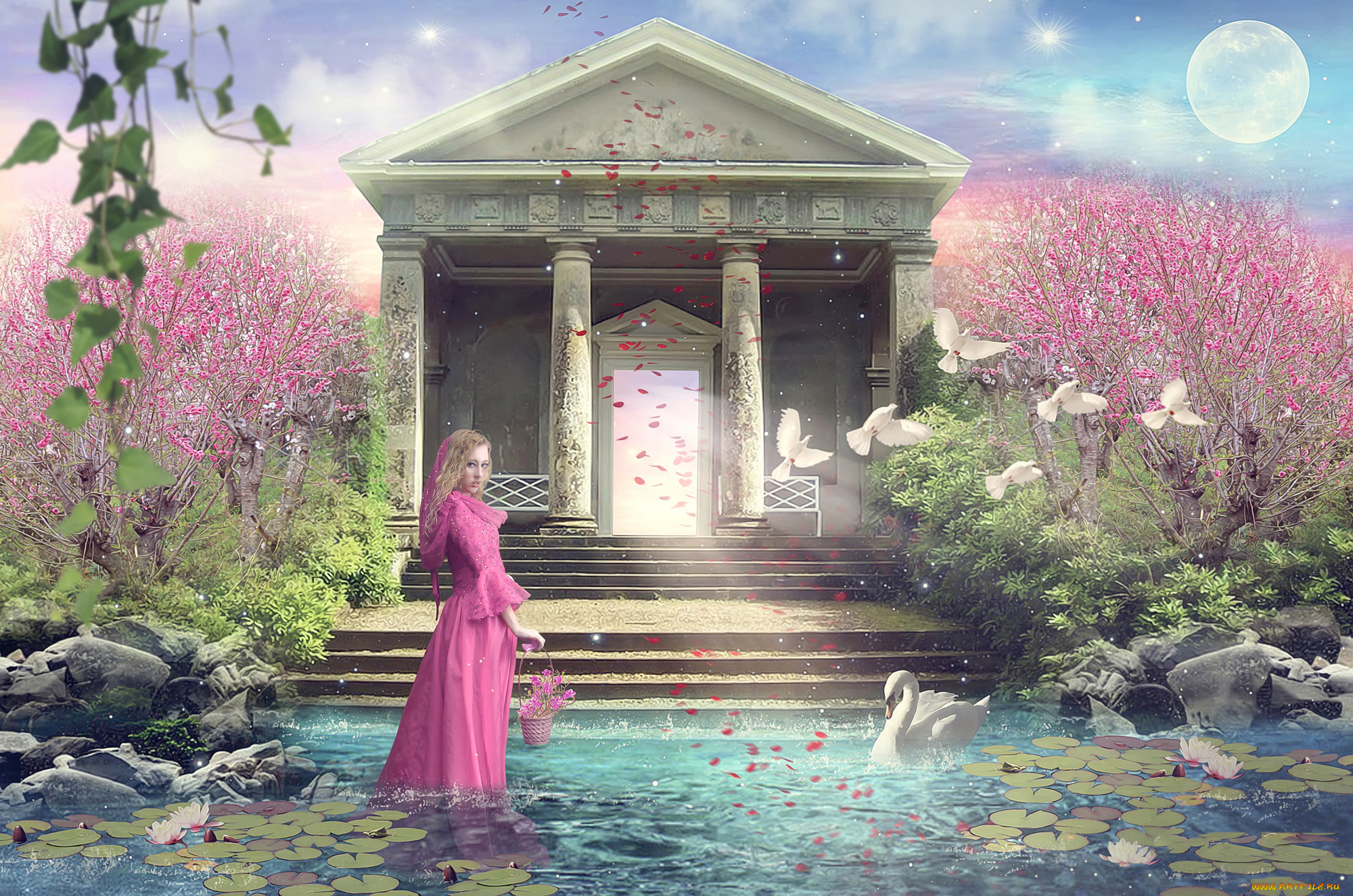 разное, компьютерный, дизайн, здание, колонны, лебеди, голуби, платье, взгляд, девушка, фон