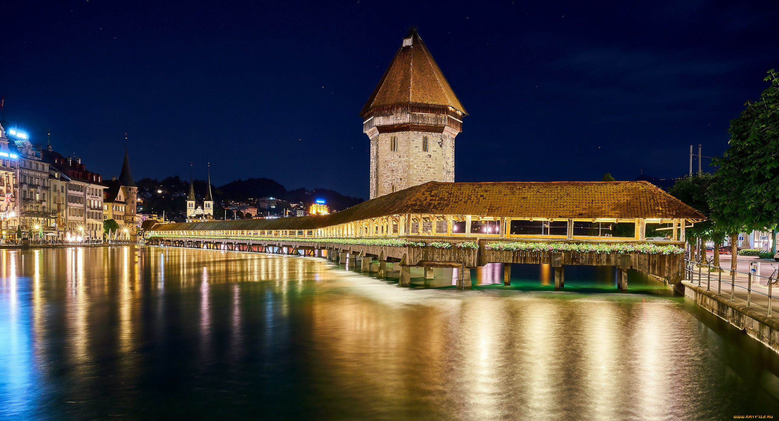 города, люцерн, , швейцария, вечер, мост, канал, огни