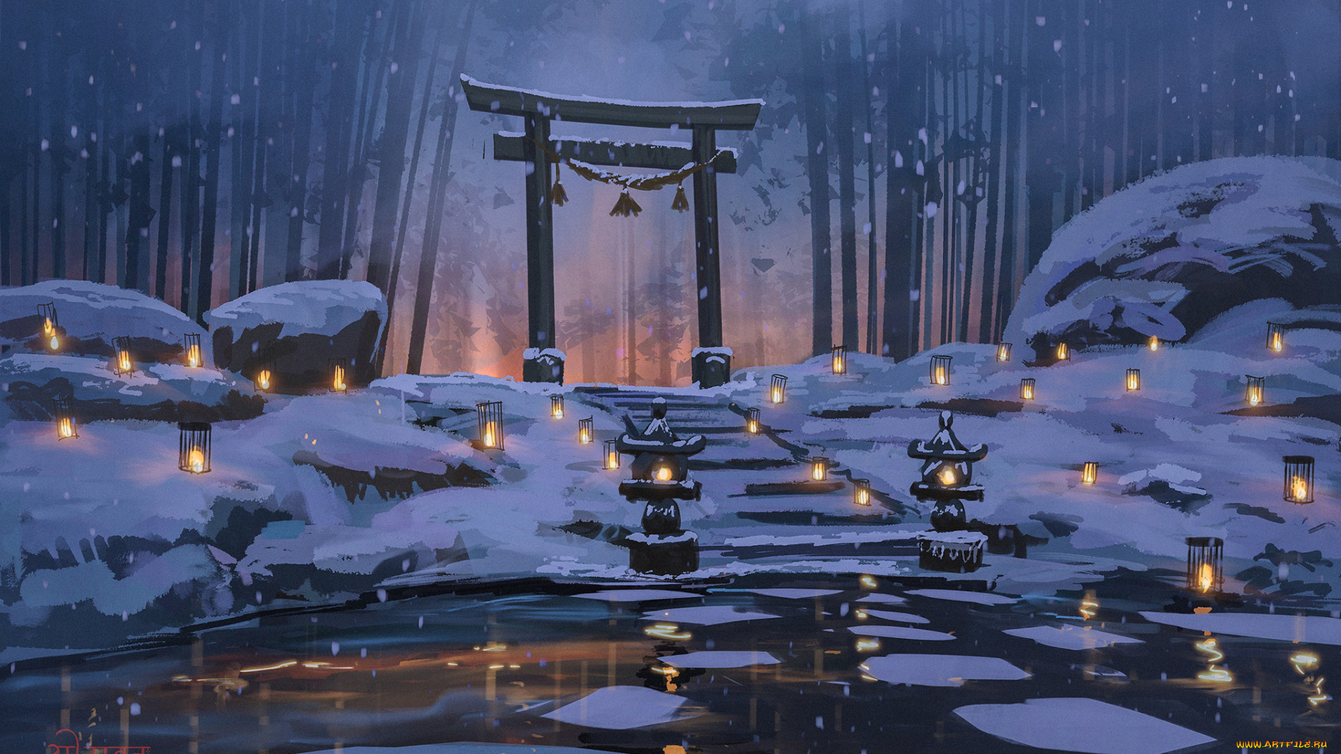 аниме, зима, , новый, год, , рождество, ночь