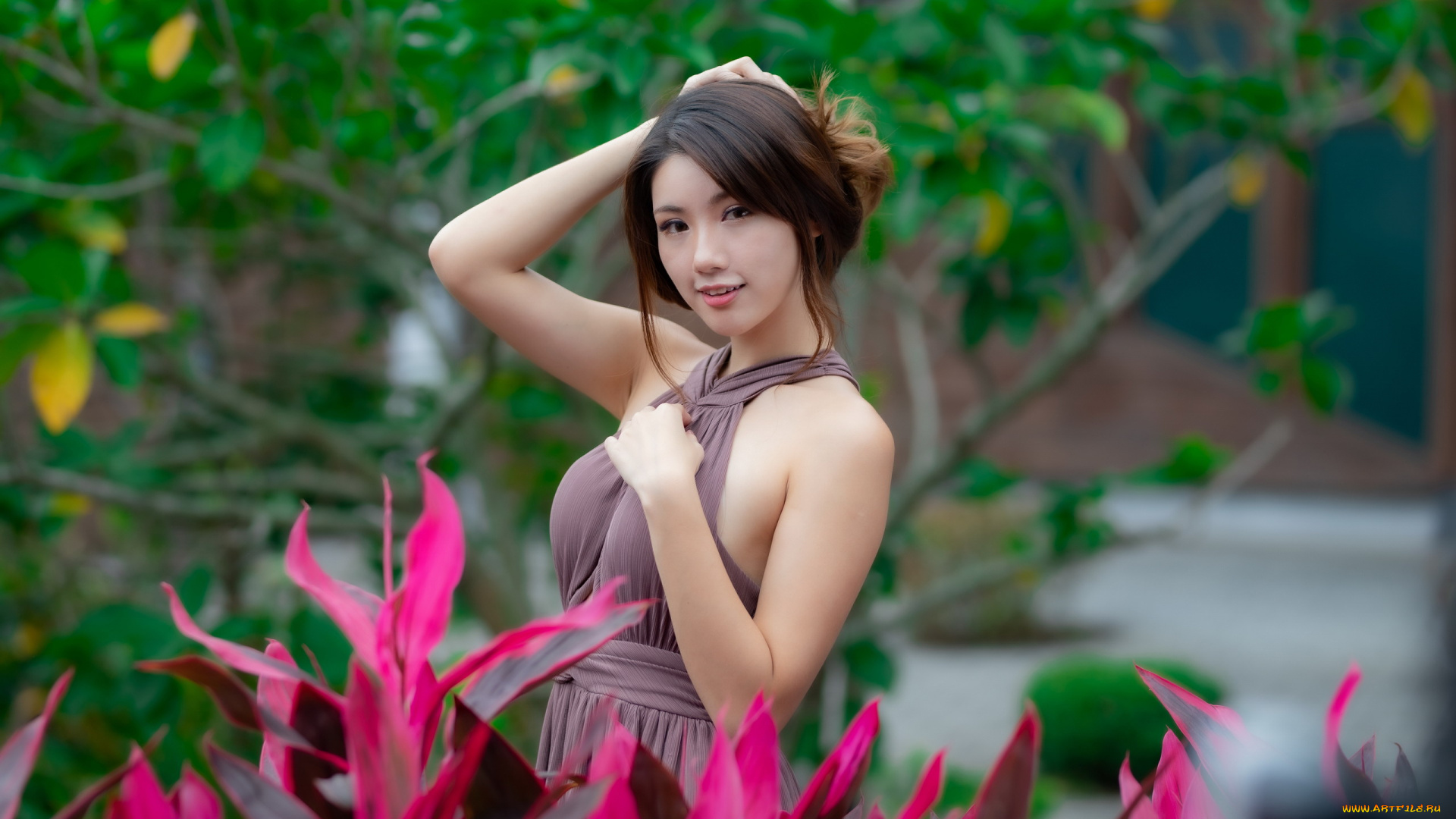 девушки, -, азиатки, платье, азиатка, поза