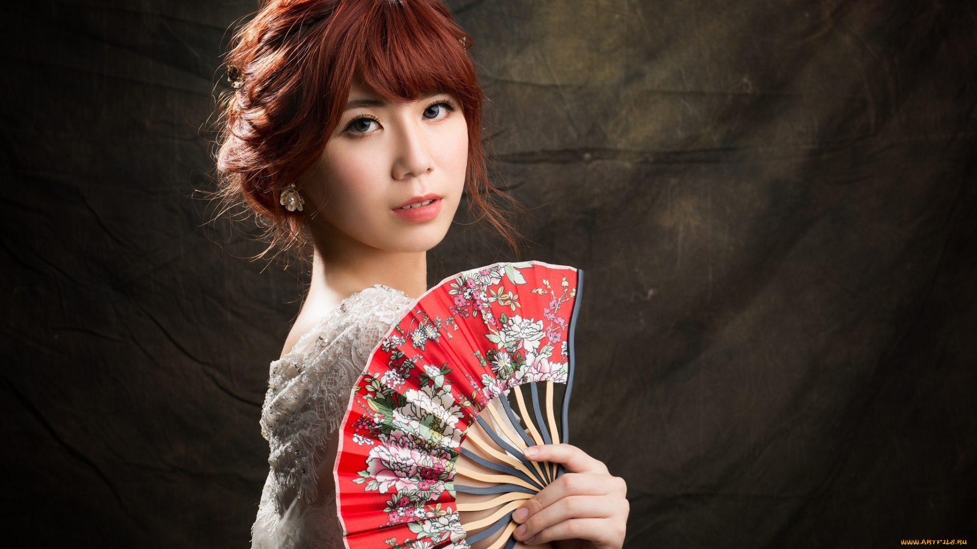 девушки, -, азиатки, рыжеволосая, азиатка, веер, кружевное, платье
