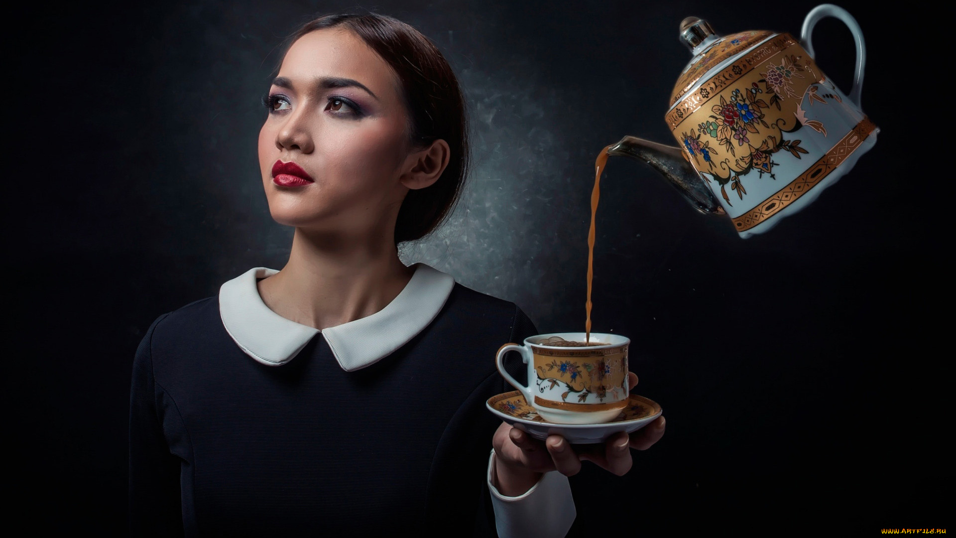 девушки, -, креатив, , косплей, брюнетка, кофейник, чашка, креатив