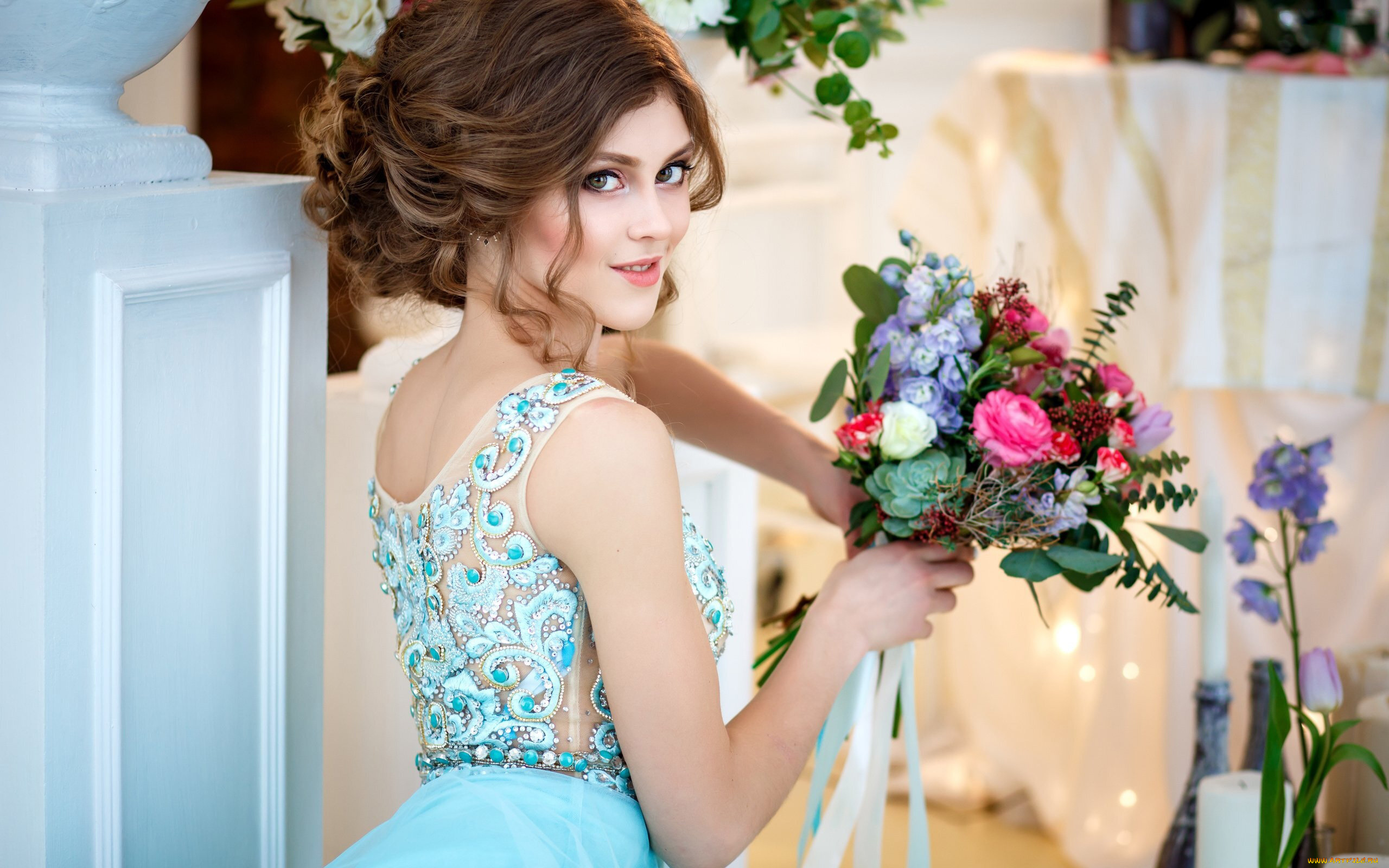 девушки, -, брюнетки, , шатенки, шатенка, профиль, букет