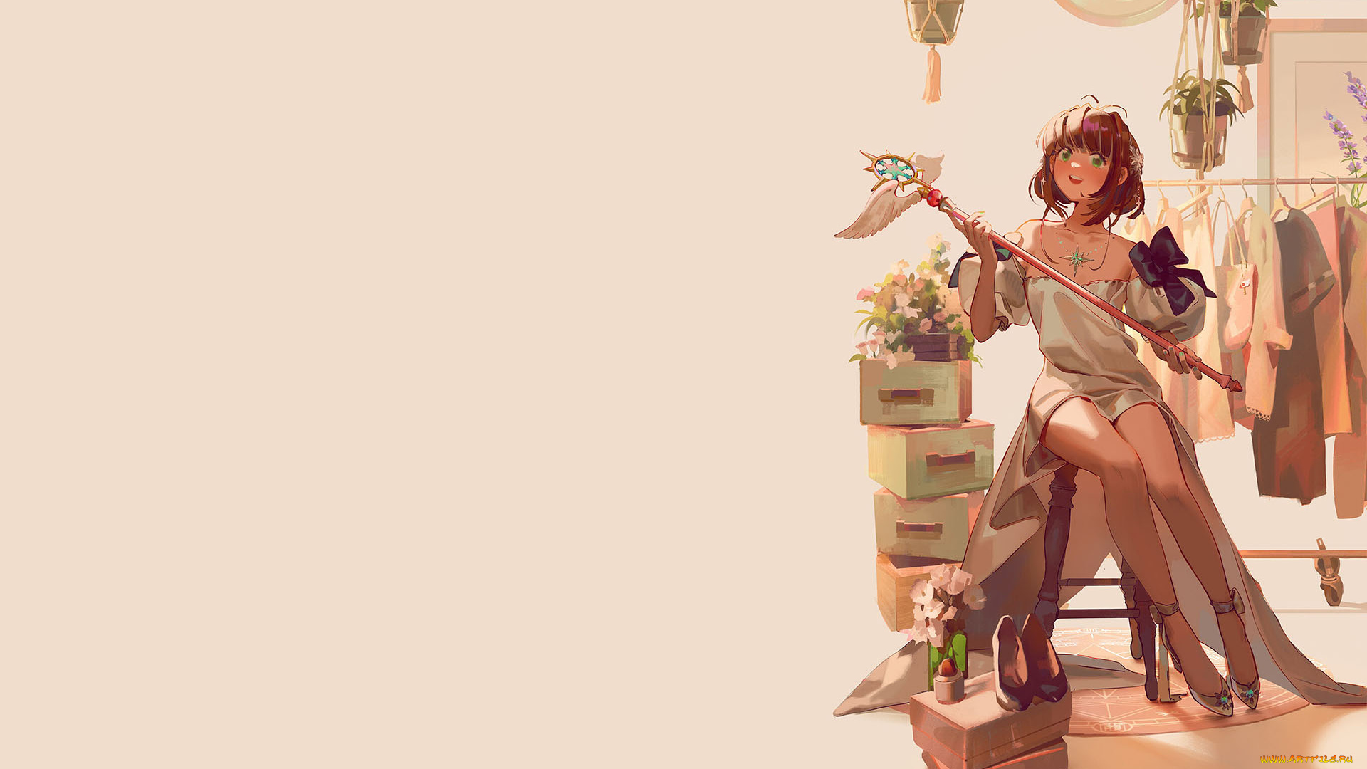 аниме, unknown, , другое, , девушка, посох, одежда, цветы, коробки
