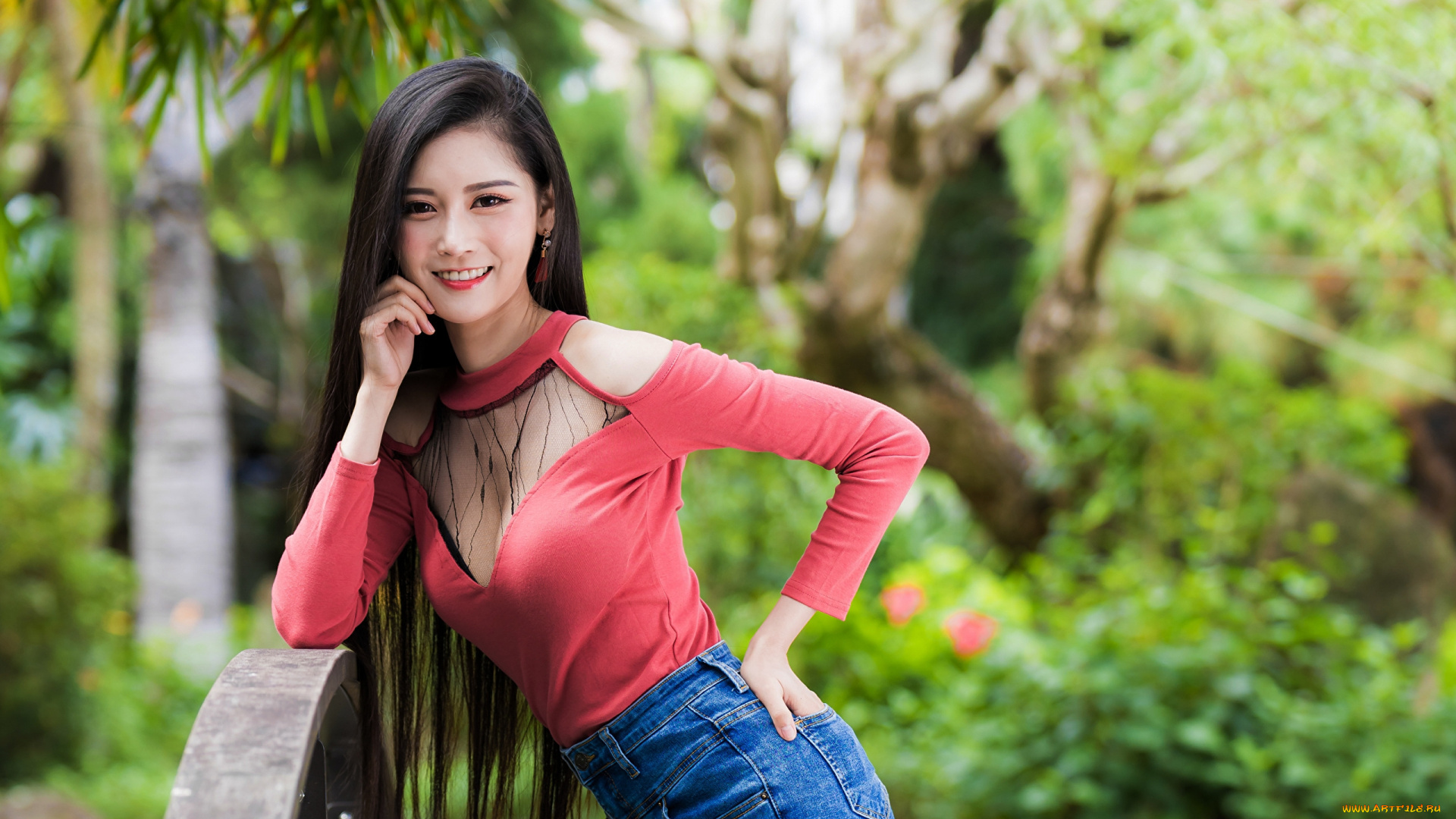 девушки, -, азиатки, джинсы, блузка, азиатка, улыбка