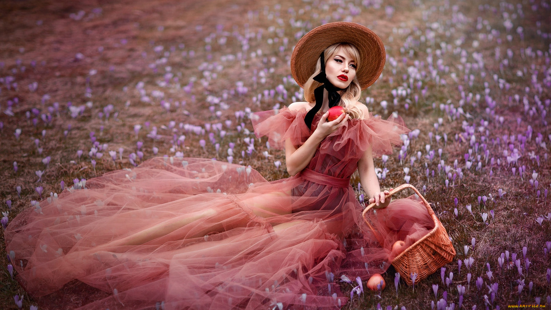 девушки, -, блондинки, , светловолосые, луг, крокусы, блондинка, шляпа, корзинка