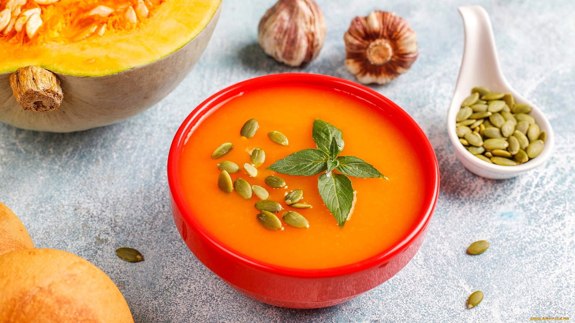 еда, первые, блюда, чеснок, тыква, семечки, суп, тыквенный