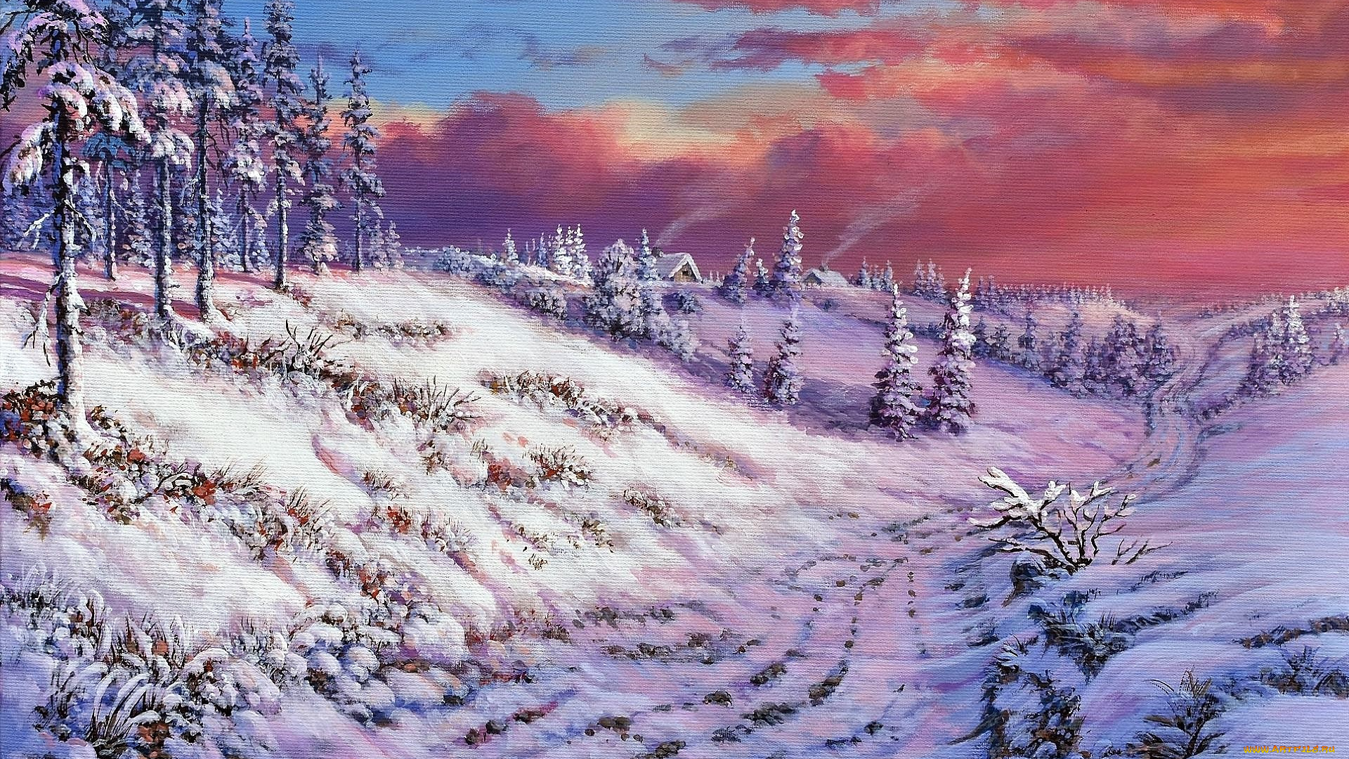 рисованное, живопись, закат, облака, деревья, снег, зима, овраг