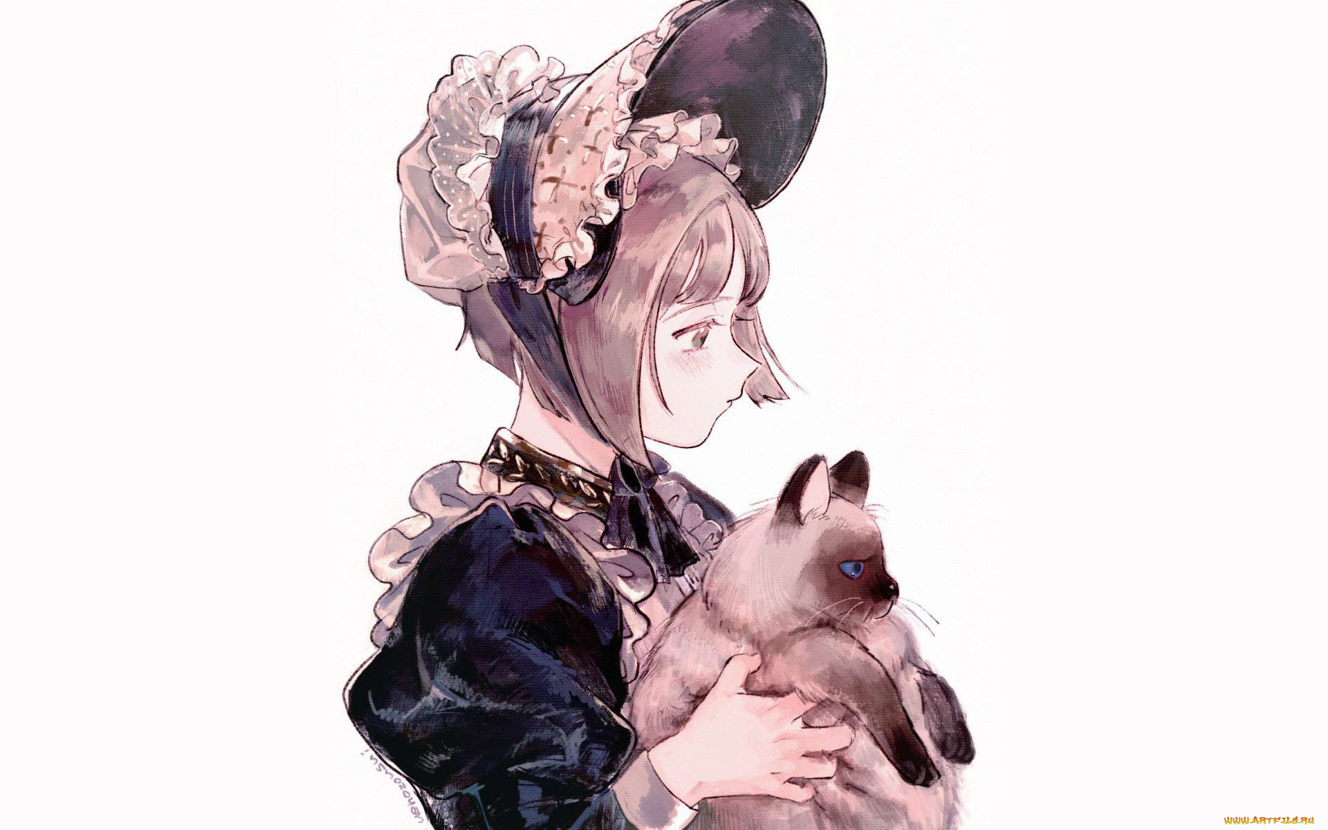 аниме, unknown, , другое, , девушка, чепчик, кошка