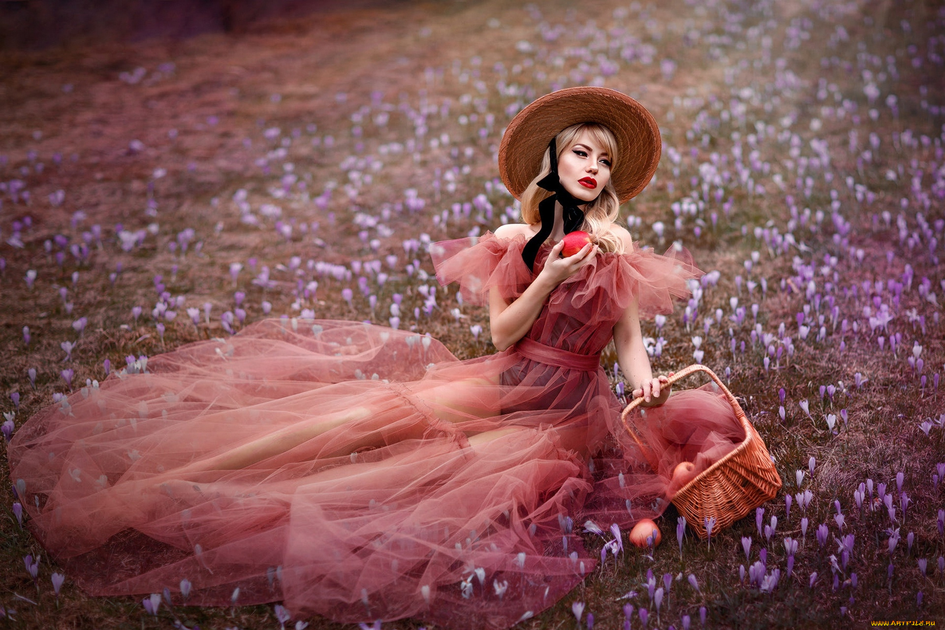 девушки, -, блондинки, , светловолосые, луг, крокусы, блондинка, шляпа, корзинка