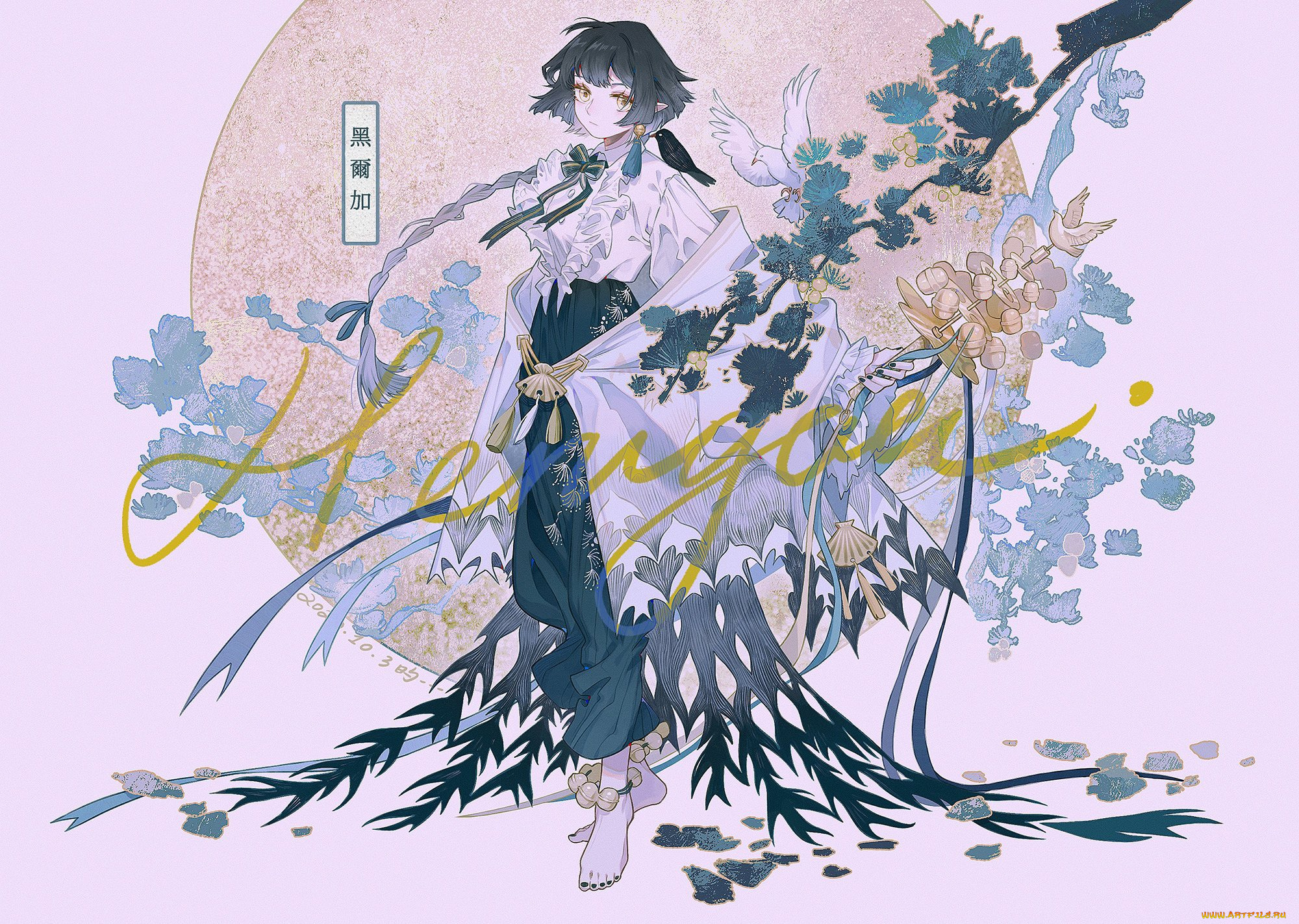 аниме, животные, , существа, девушка, ветки, птица