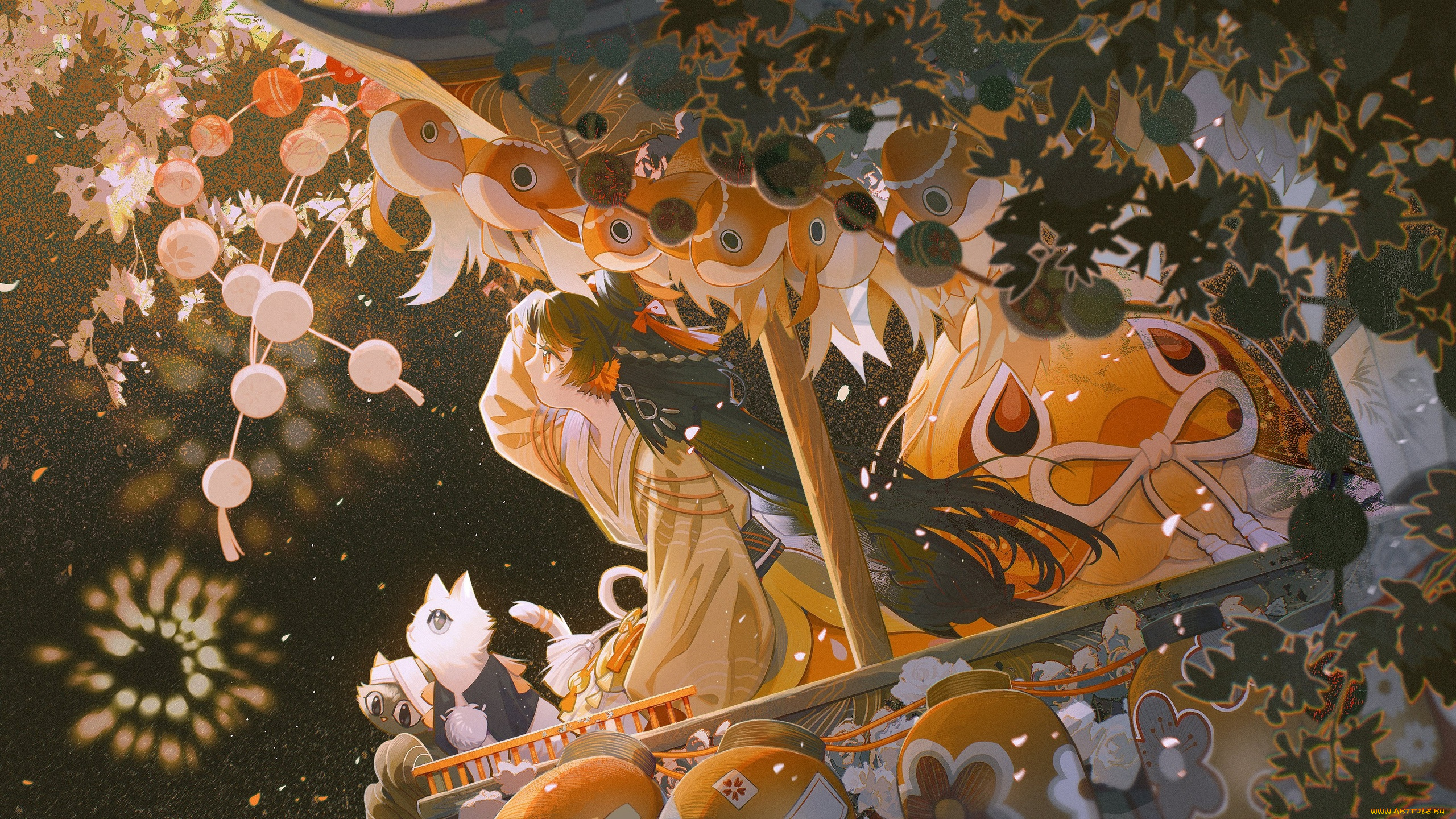 аниме, животные, , существа, девочка, кошки, салют