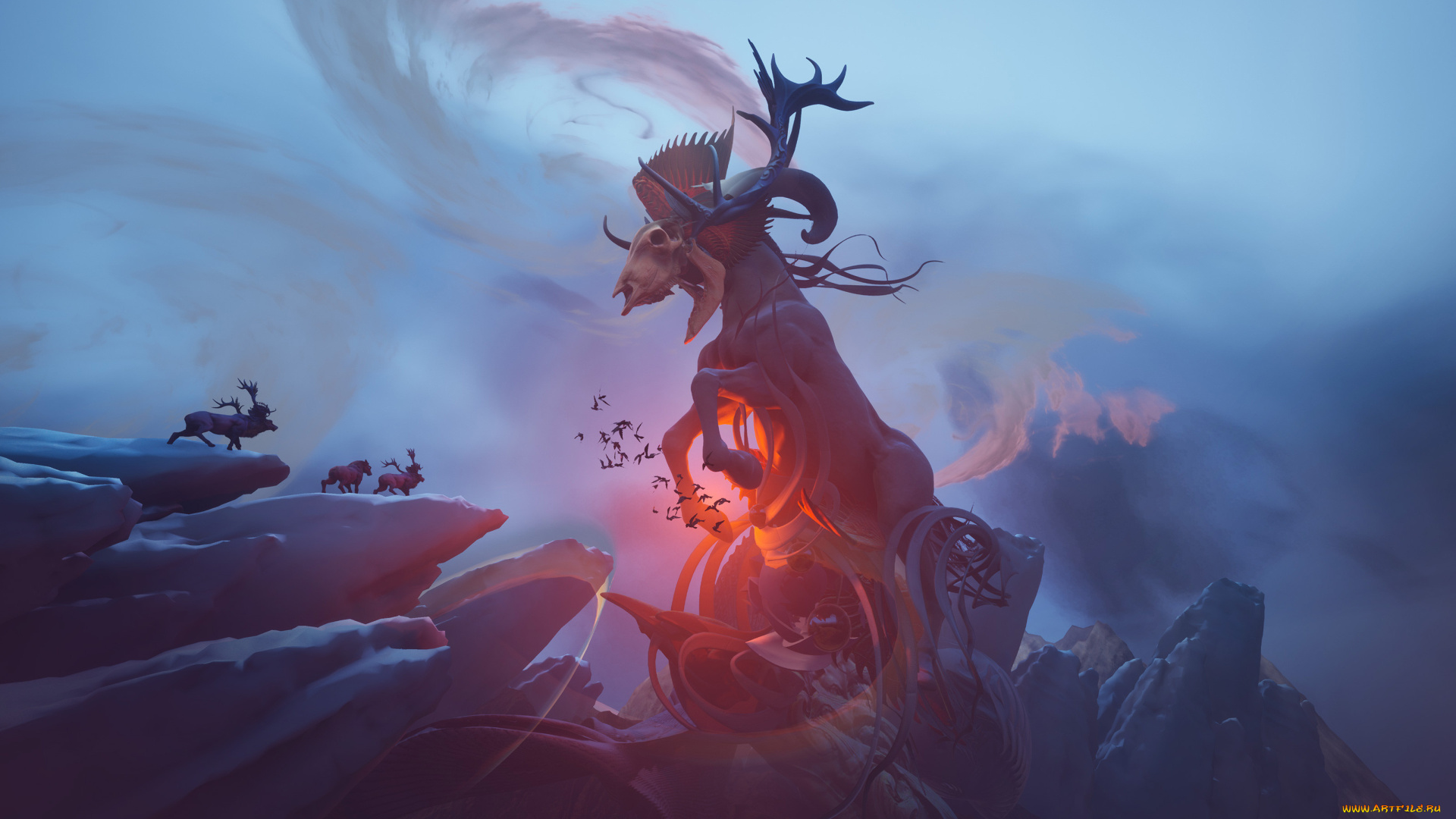 фэнтези, пейзажи, олени, скалы, скелет, дух, магия