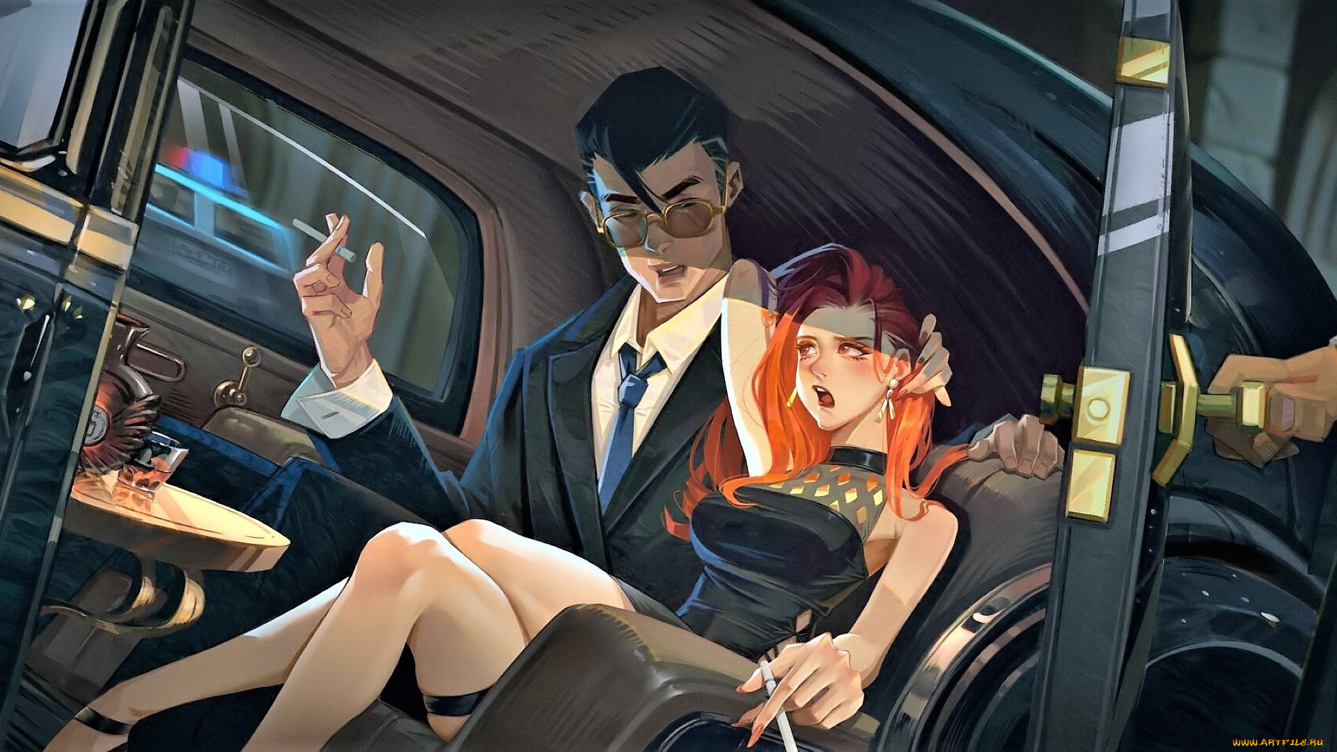 рисованное, люди, мужчина, женщина, машина, лимузи