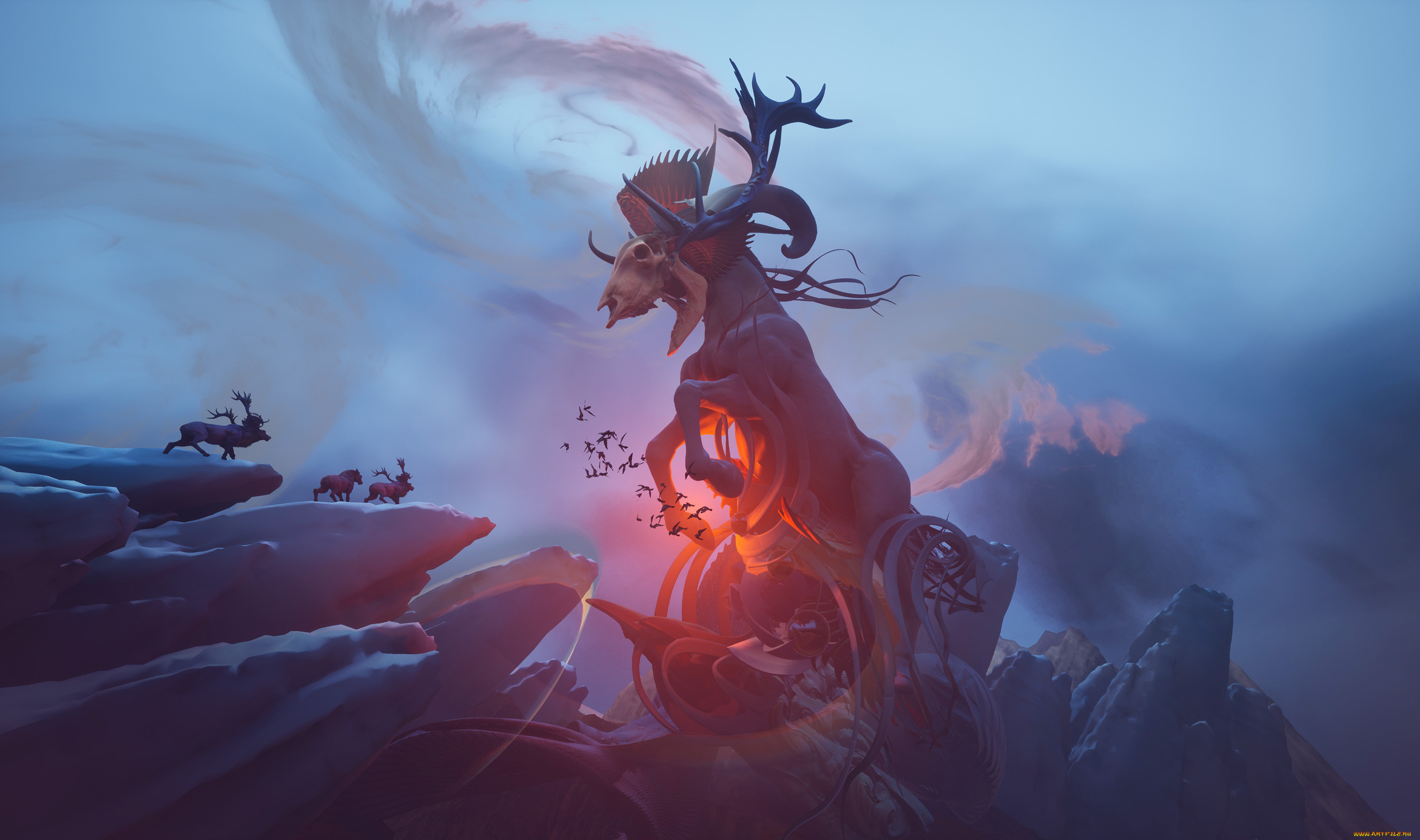 фэнтези, пейзажи, олени, скалы, скелет, дух, магия