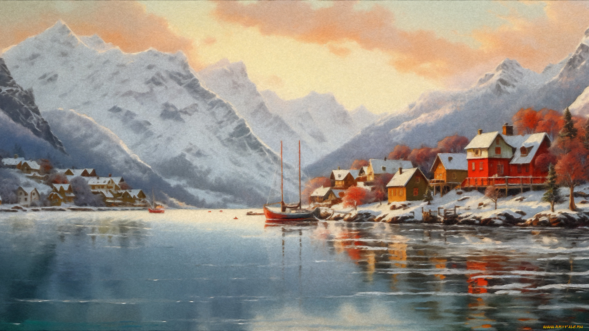 рисованное, живопись, пейзаж, горы, дома, город, арт