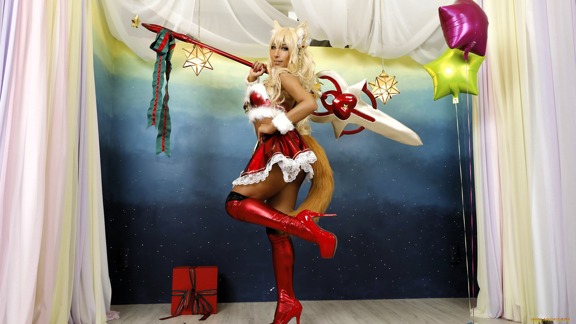 девушки, nonsummerjack, образ, костюм, наряд, косплей, ушки, хвост, посох, звезды