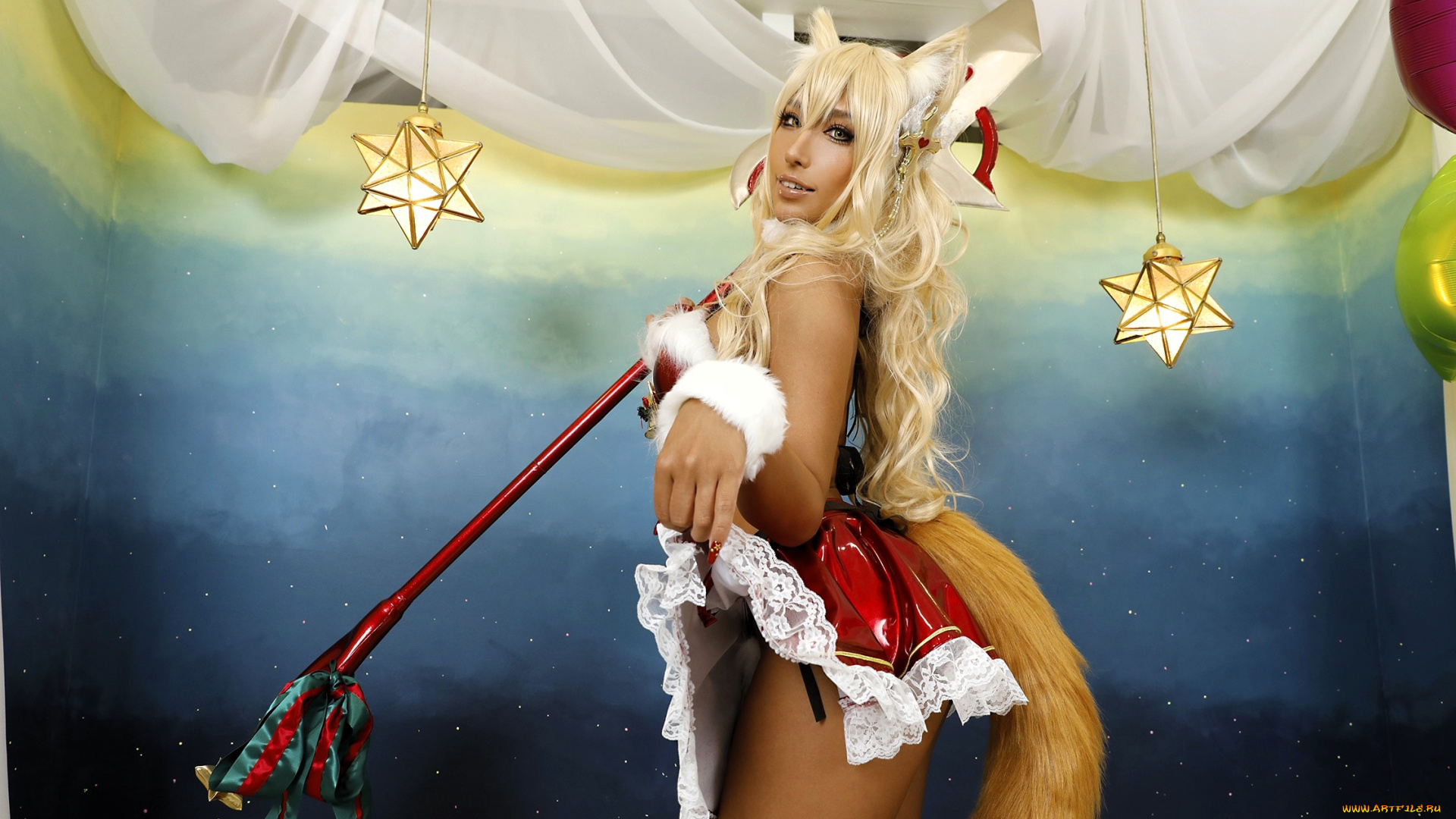 девушки, nonsummerjack, образ, костюм, наряд, косплей, ушки, хвост, посох, звезды