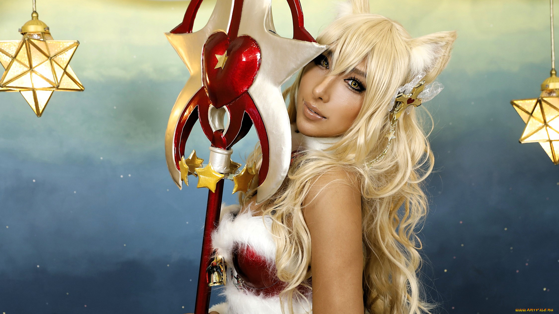 девушки, nonsummerjack, образ, костюм, наряд, косплей, ушки, хвост, посох, звезды