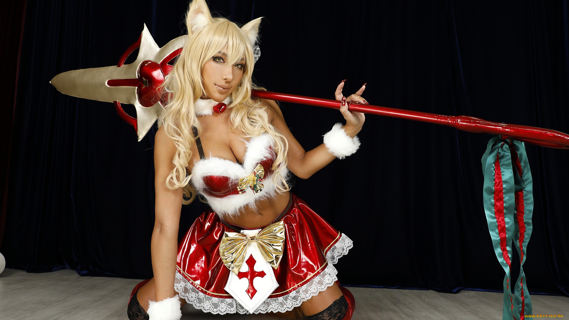 девушки, nonsummerjack, образ, костюм, наряд, косплей, ушки, хвост, каблуки, посох