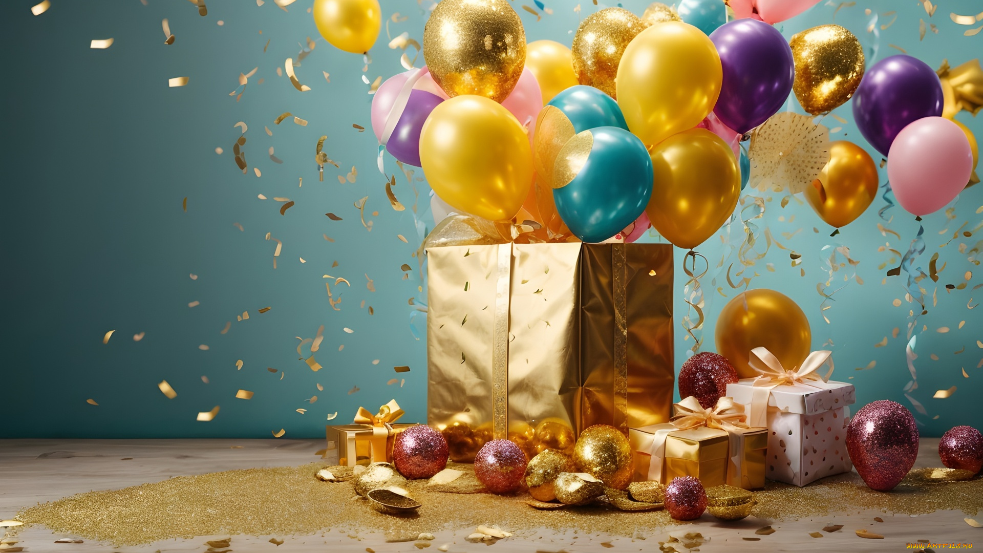 праздничные, день, рождения, шарики, конфетти, подарки