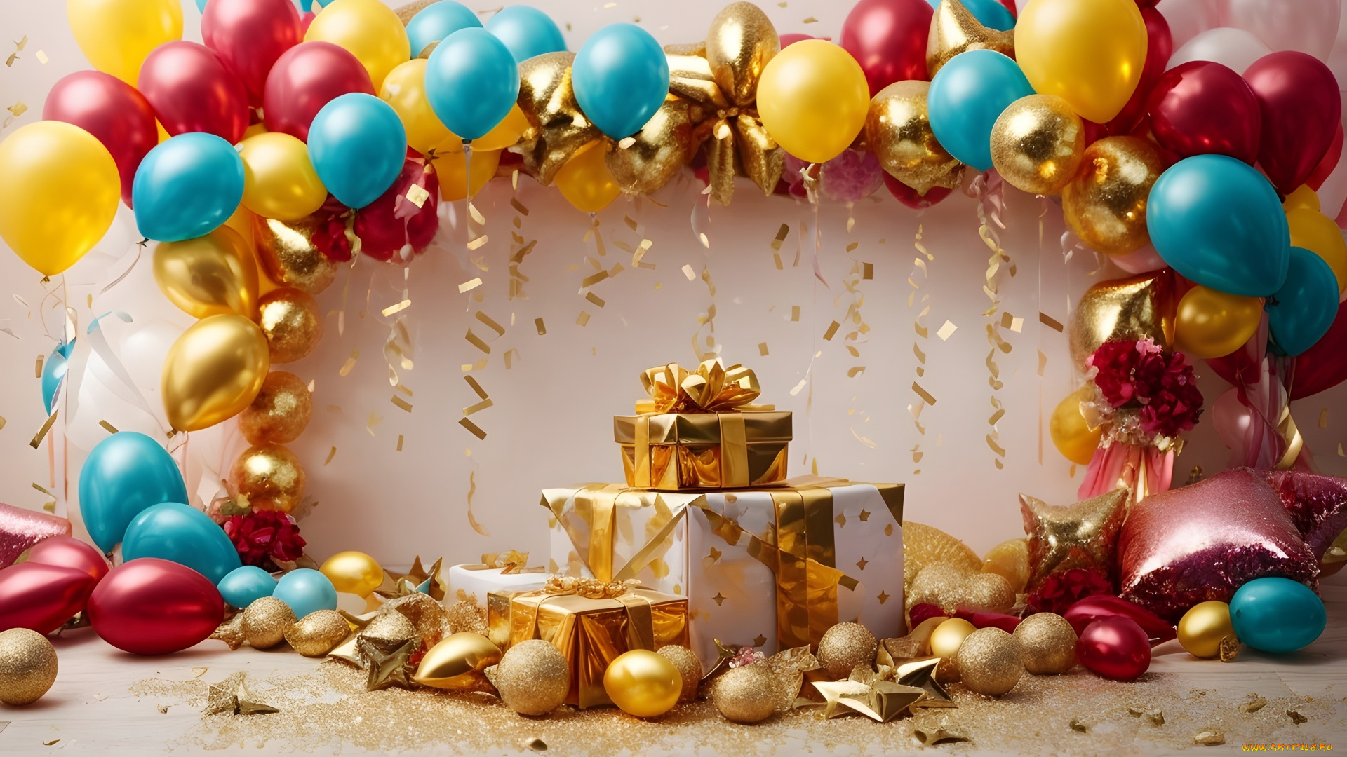 праздничные, день, рождения, шарики, конфетти, подарки