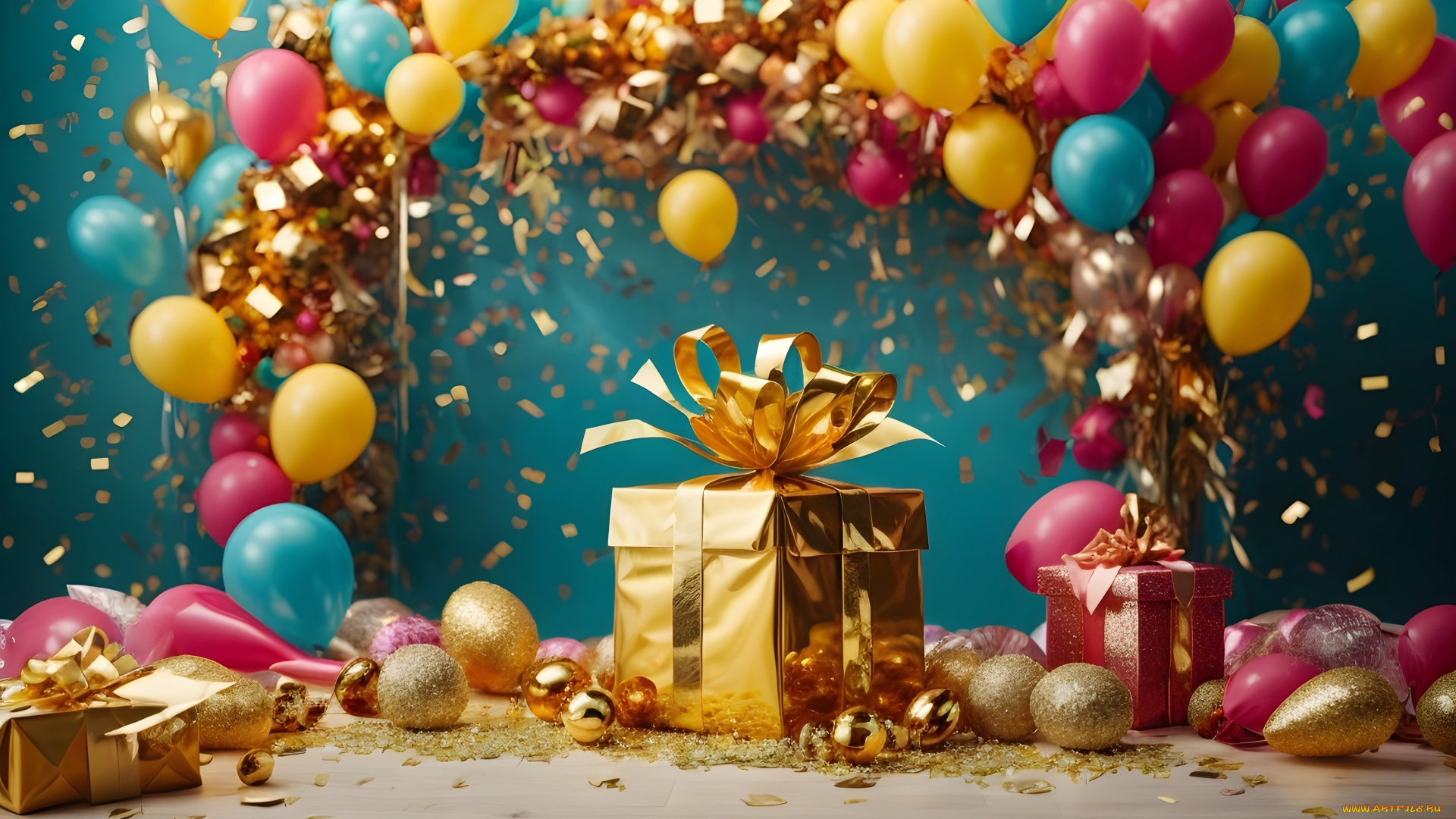 праздничные, день, рождения, шарики, конфетти, подарки