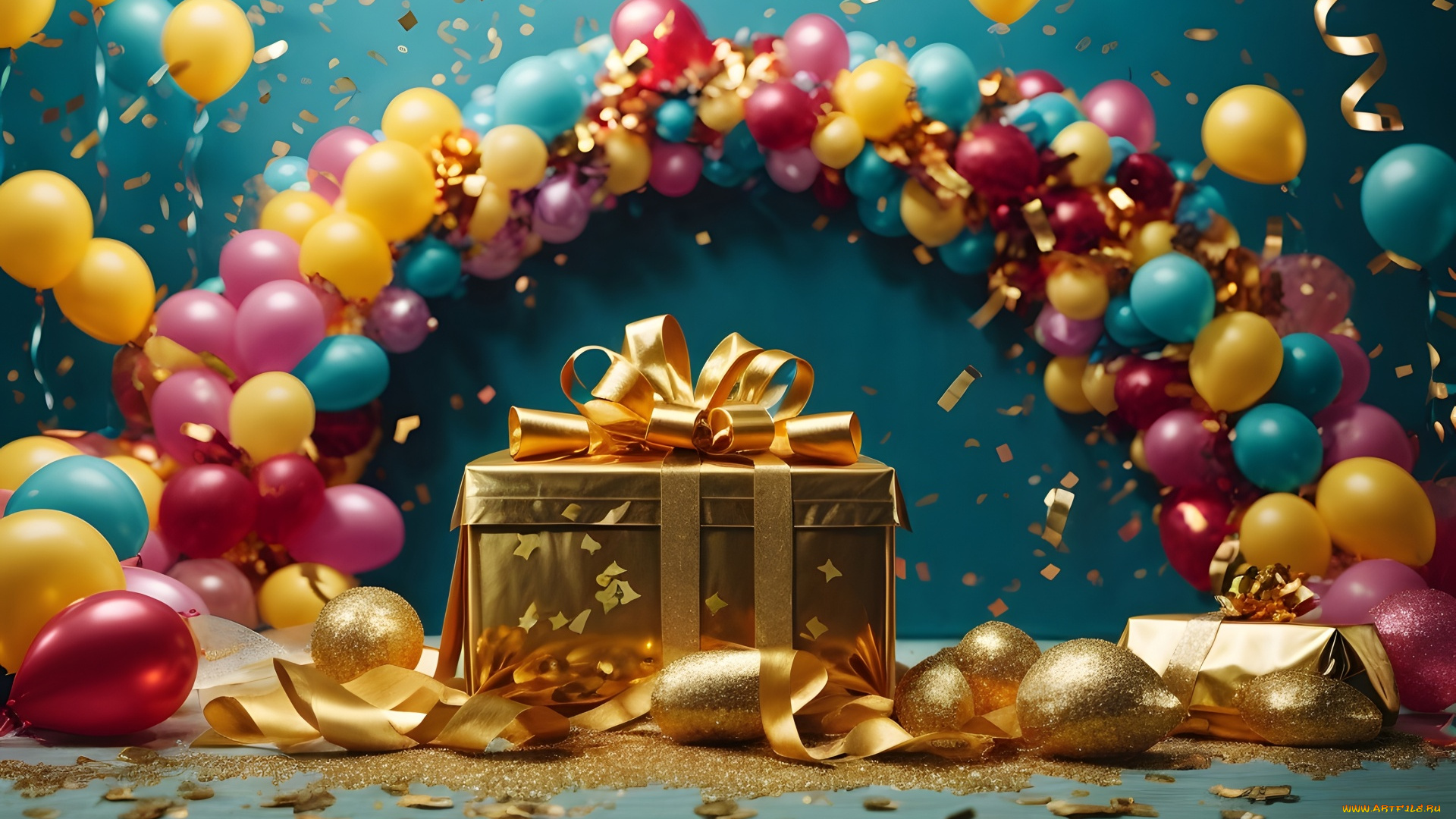 праздничные, день, рождения, шарики, конфетти, подарки
