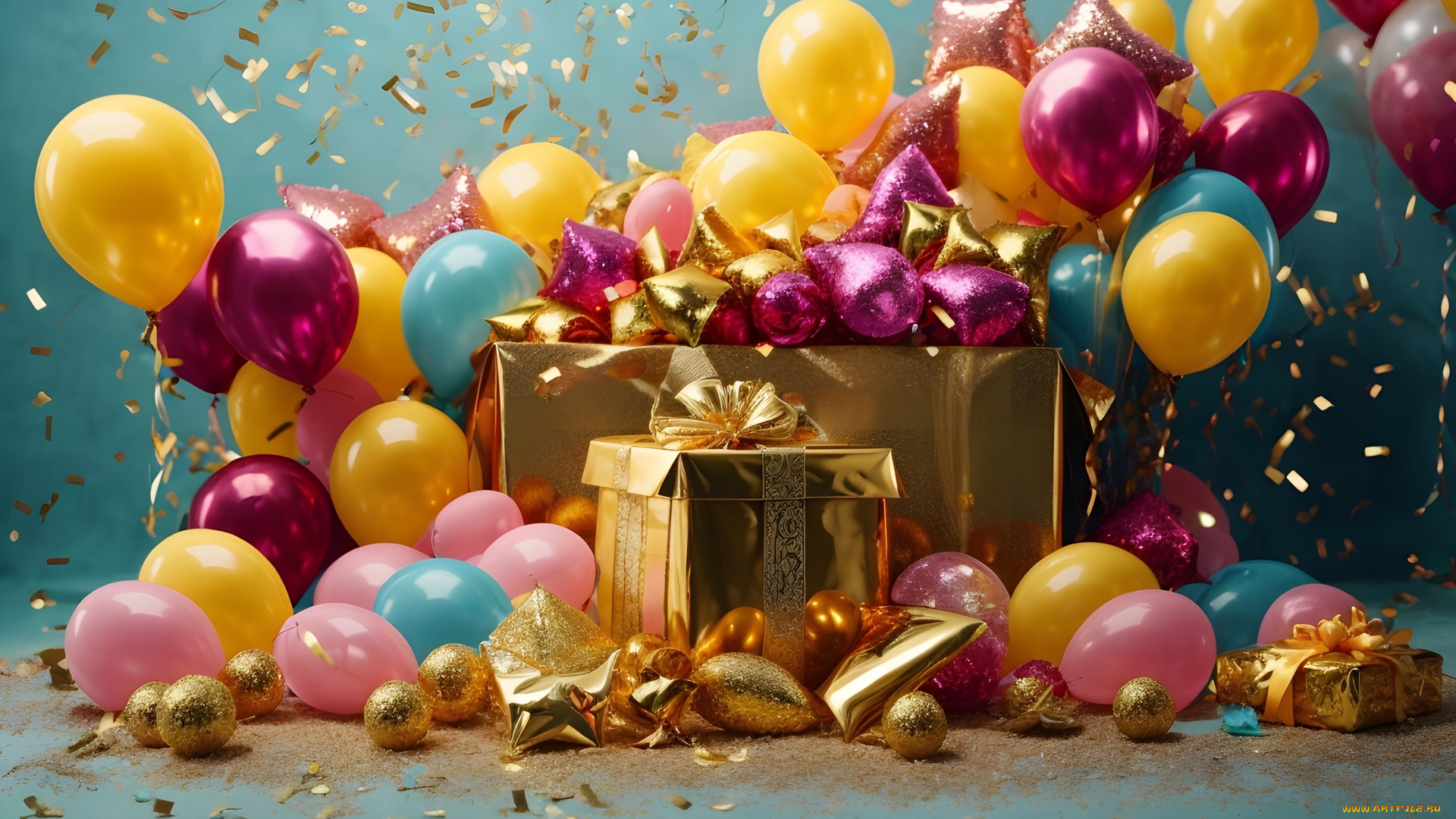 праздничные, день, рождения, шарики, конфетти, подарки