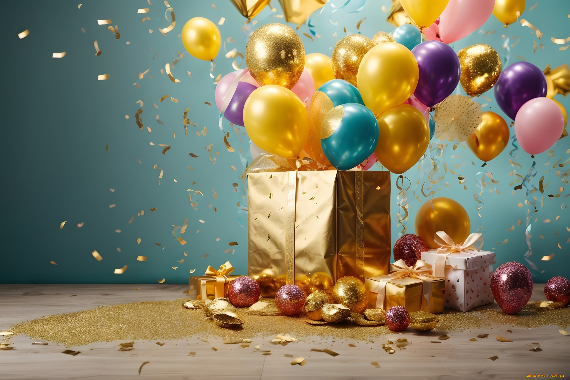 праздничные, день, рождения, шарики, конфетти, подарки
