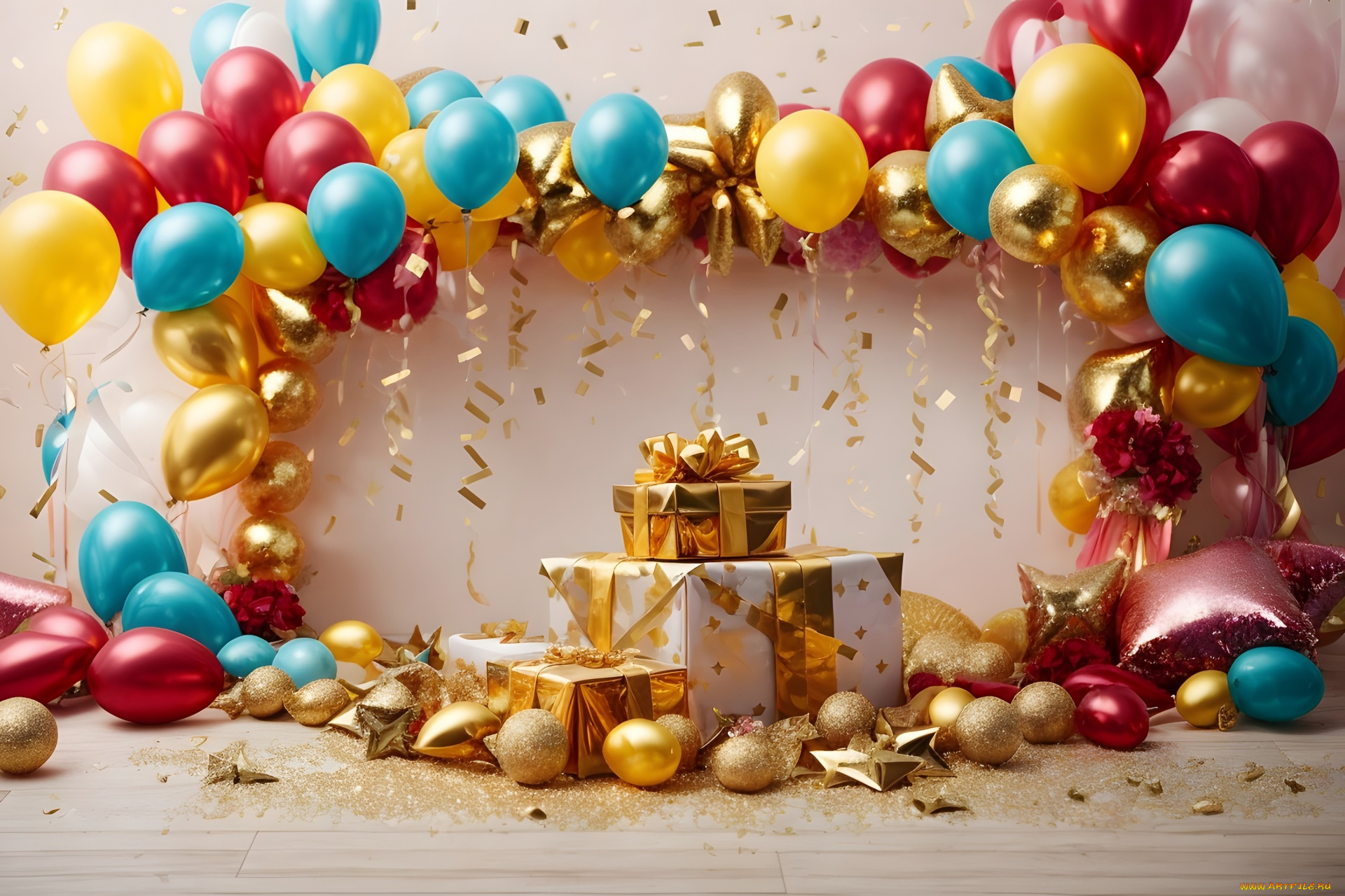 праздничные, день, рождения, шарики, конфетти, подарки