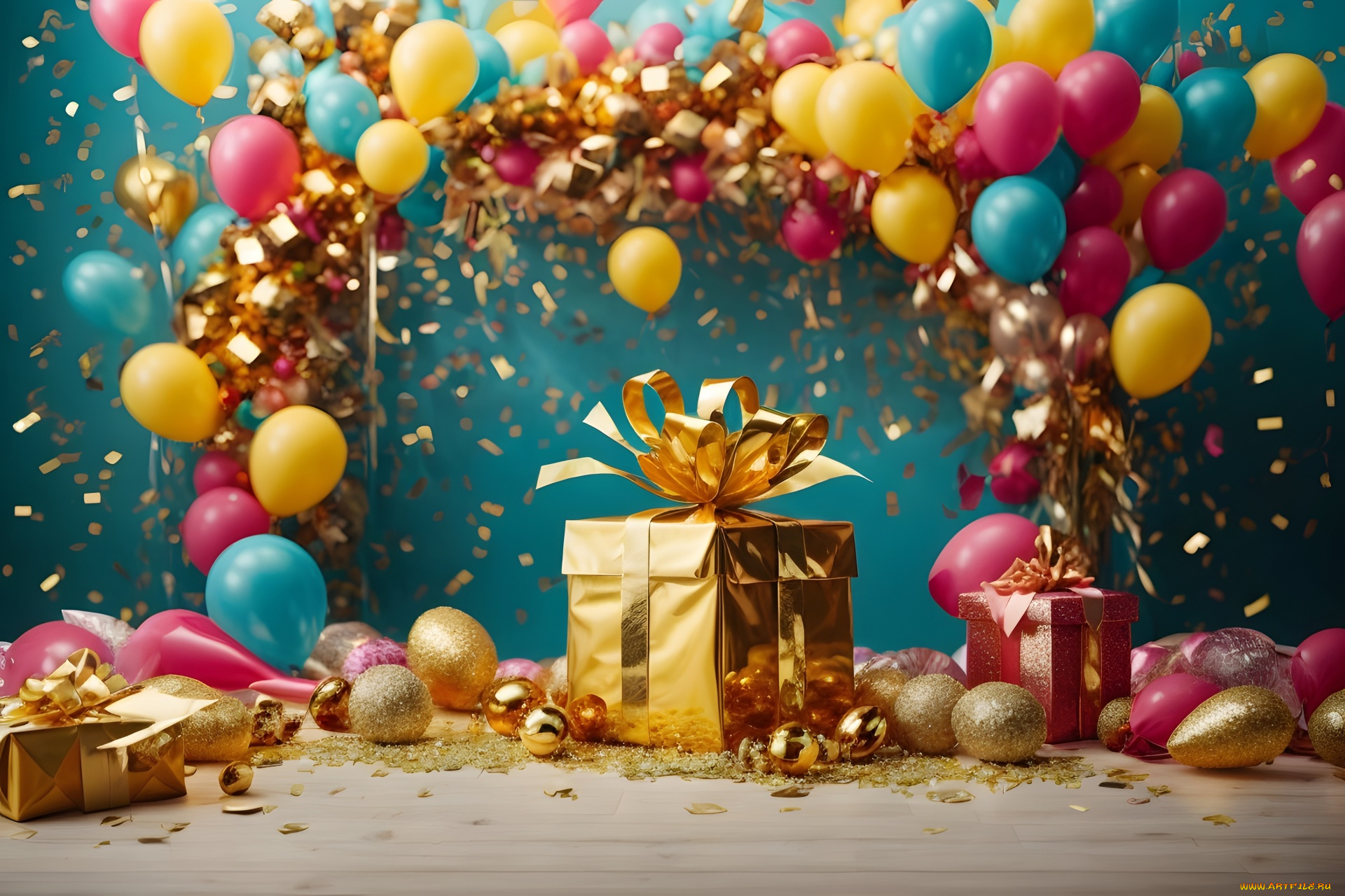 праздничные, день, рождения, шарики, конфетти, подарки