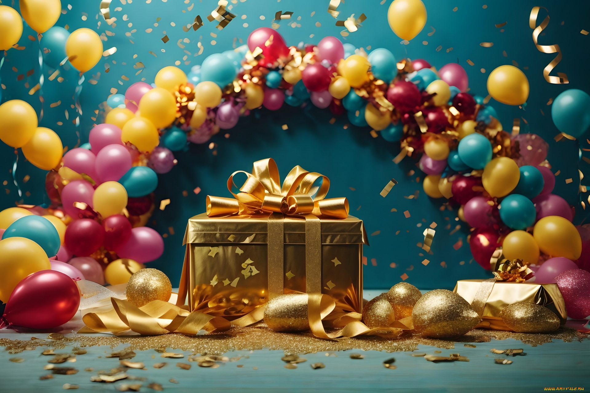 праздничные, день, рождения, шарики, конфетти, подарки
