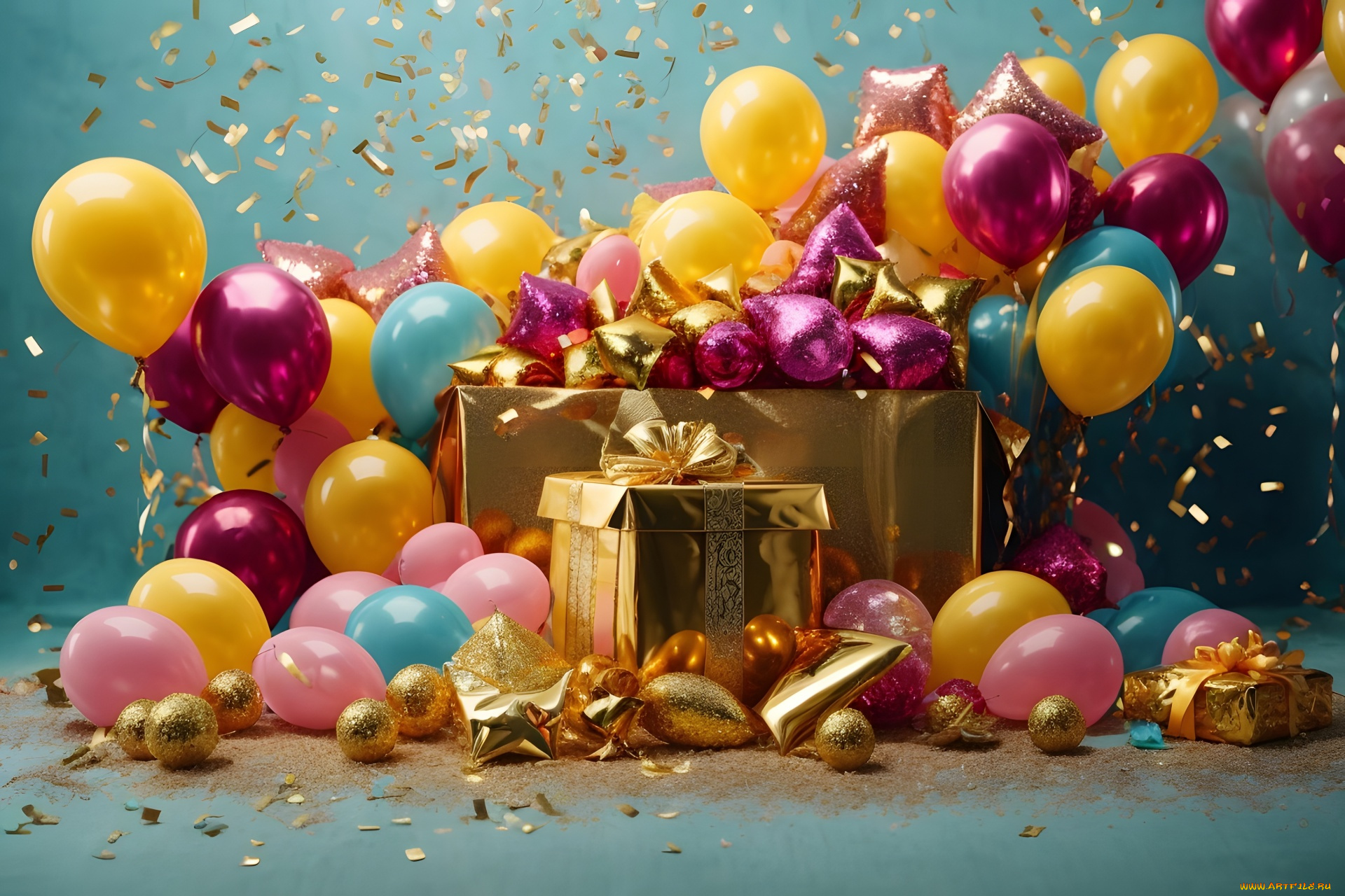 праздничные, день, рождения, шарики, конфетти, подарки