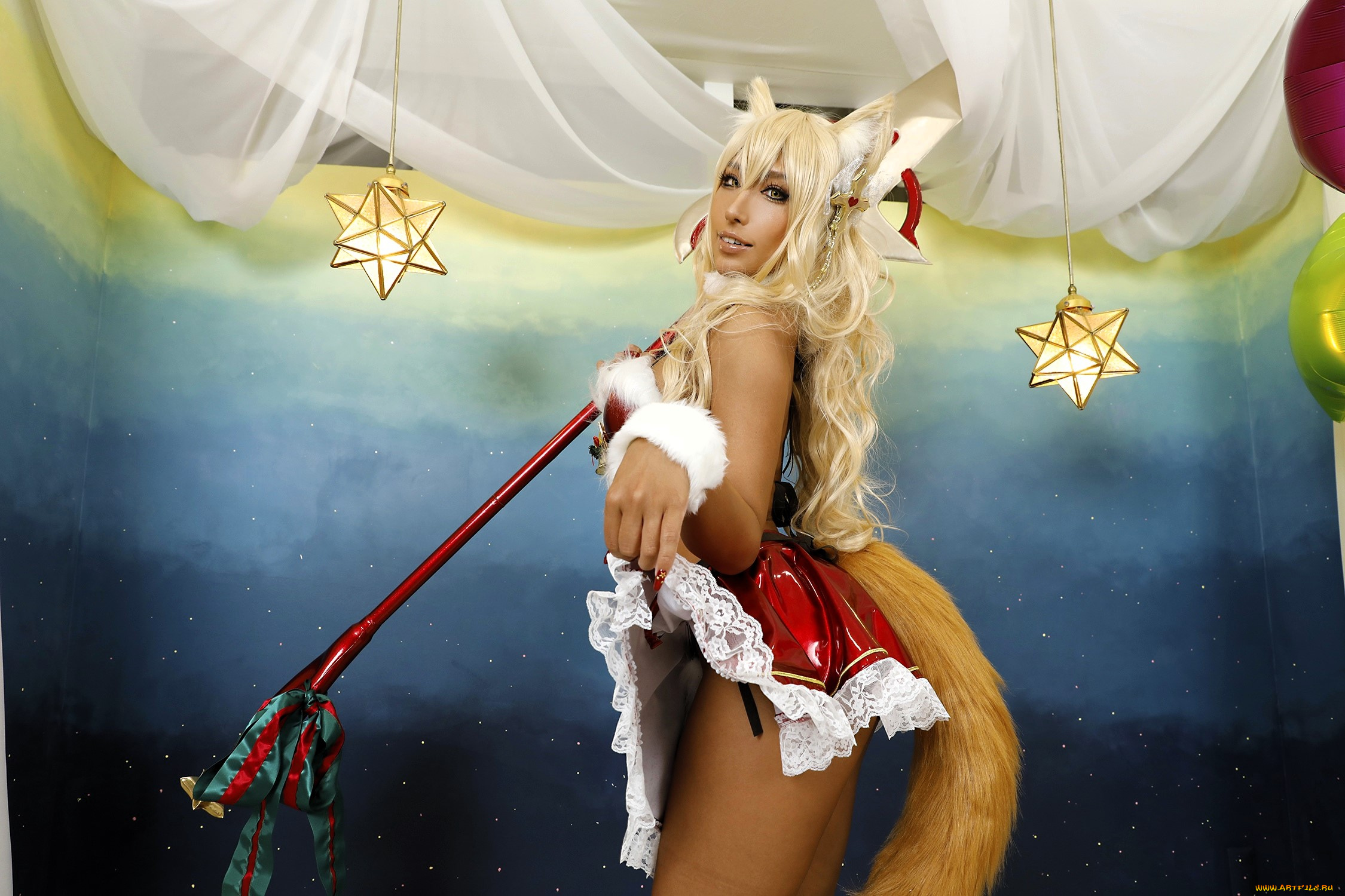 девушки, nonsummerjack, образ, костюм, наряд, косплей, ушки, хвост, посох, звезды