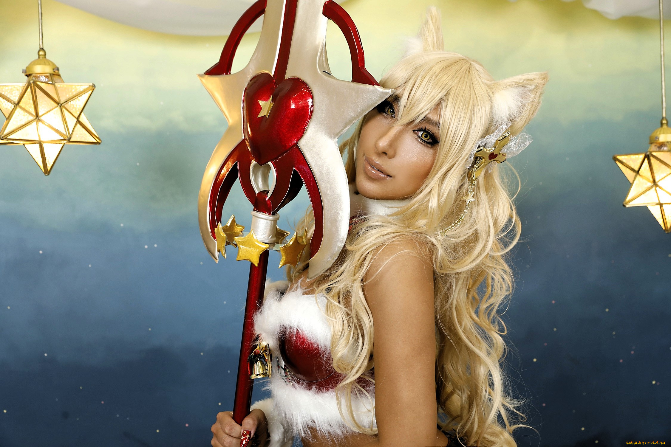 девушки, nonsummerjack, образ, костюм, наряд, косплей, ушки, хвост, посох, звезды